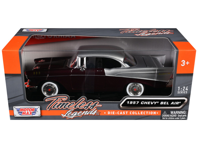 Brand new 1/24 scale diecast car model of 1957 Chevrolet Bel Air Burgundy Metallic and Silver Metallic
