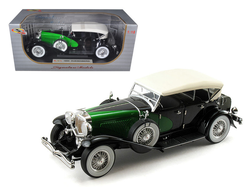 Brand new 1/18 scale diecast car model of 1934 Duesenberg Model J Black and Green with Cream Top