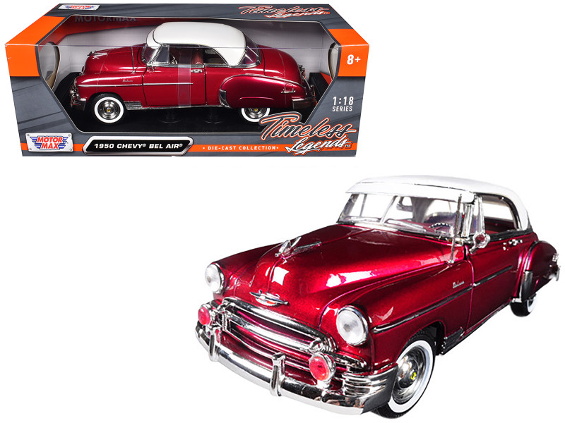 Brand new 1:18 scale diecast model of 1950 Chevrolet Bel Air Burgundy with White Roof