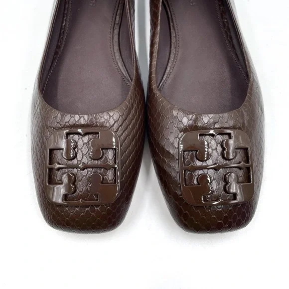 Tory Burch Georgia Ballet Flats Croc Leather Logo Square Toe