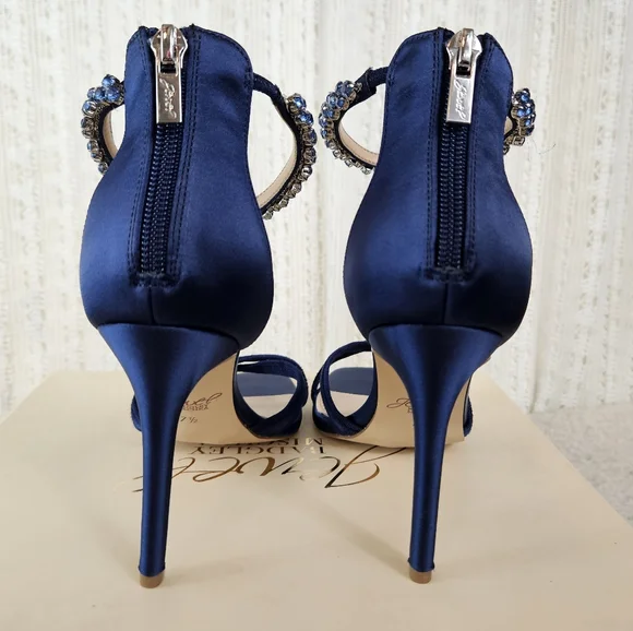 Badgley Mishka Jewel Dangela Navy Blue Satin Ankle Strap Heels