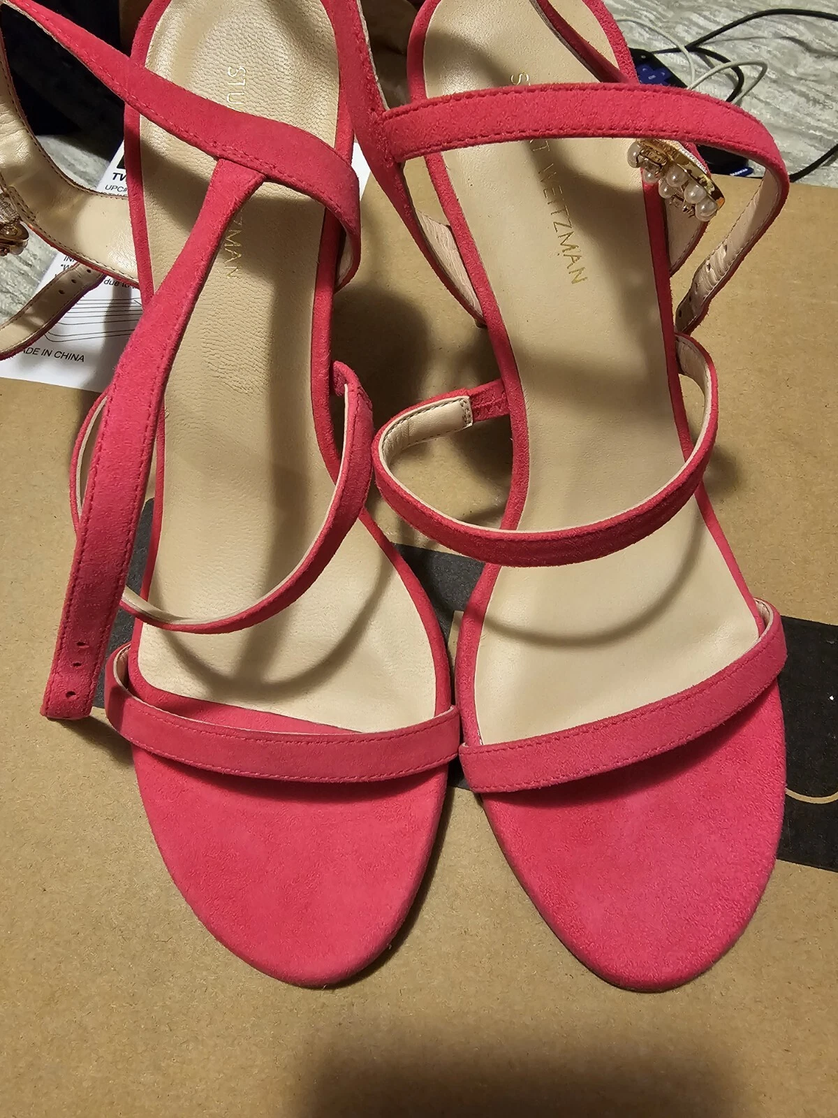 Hot Pink Strap Open Toe Heel With Pearl Buckle | Stuart Weitzman