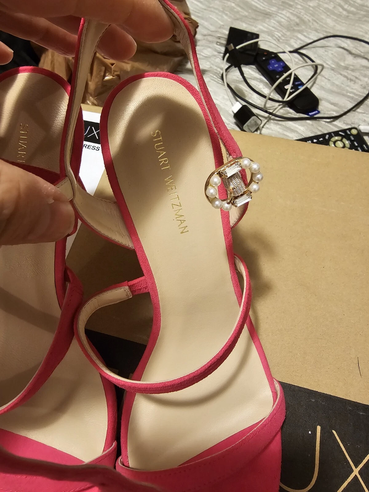 Hot Pink Strap Open Toe Heel With Pearl Buckle | Stuart Weitzman