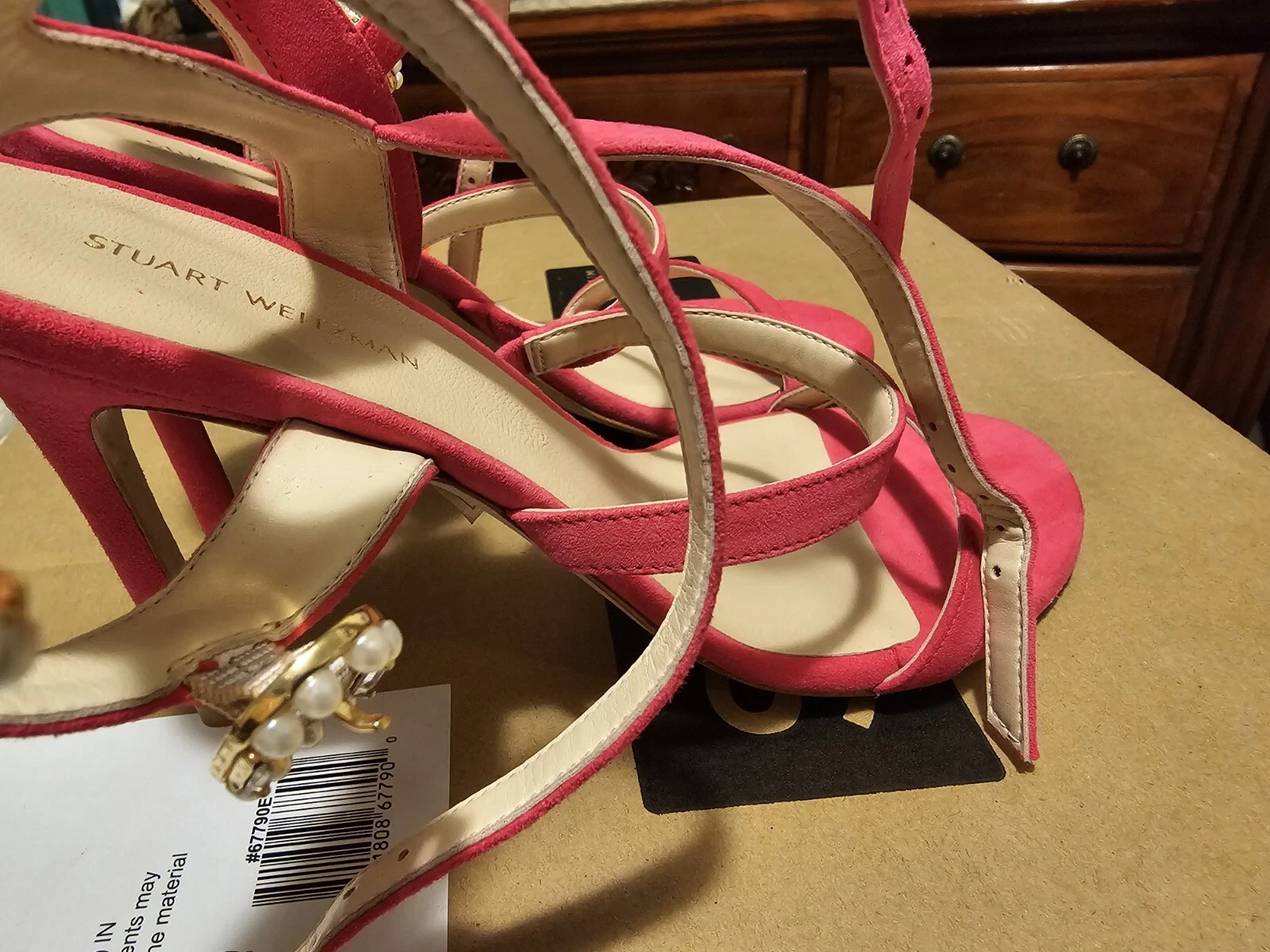 Hot Pink Strap Open Toe Heel With Pearl Buckle | Stuart Weitzman