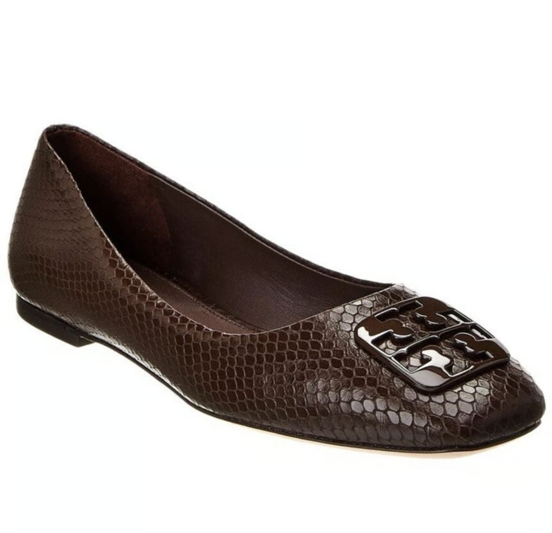 Tory Burch Georgia Ballet Flats Croc Leather Logo Square Toe