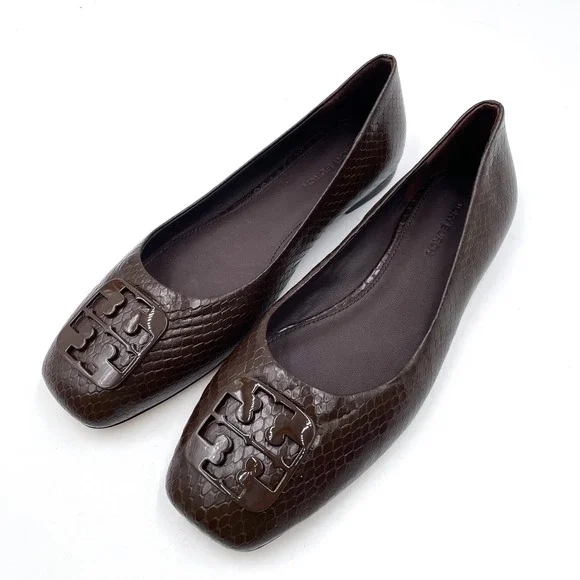 Tory Burch Georgia Ballet Flats Croc Leather Logo Square Toe