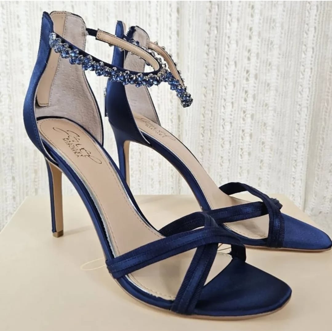 Badgley Mishka Jewel Dangela Navy Blue Satin Ankle Strap Heels