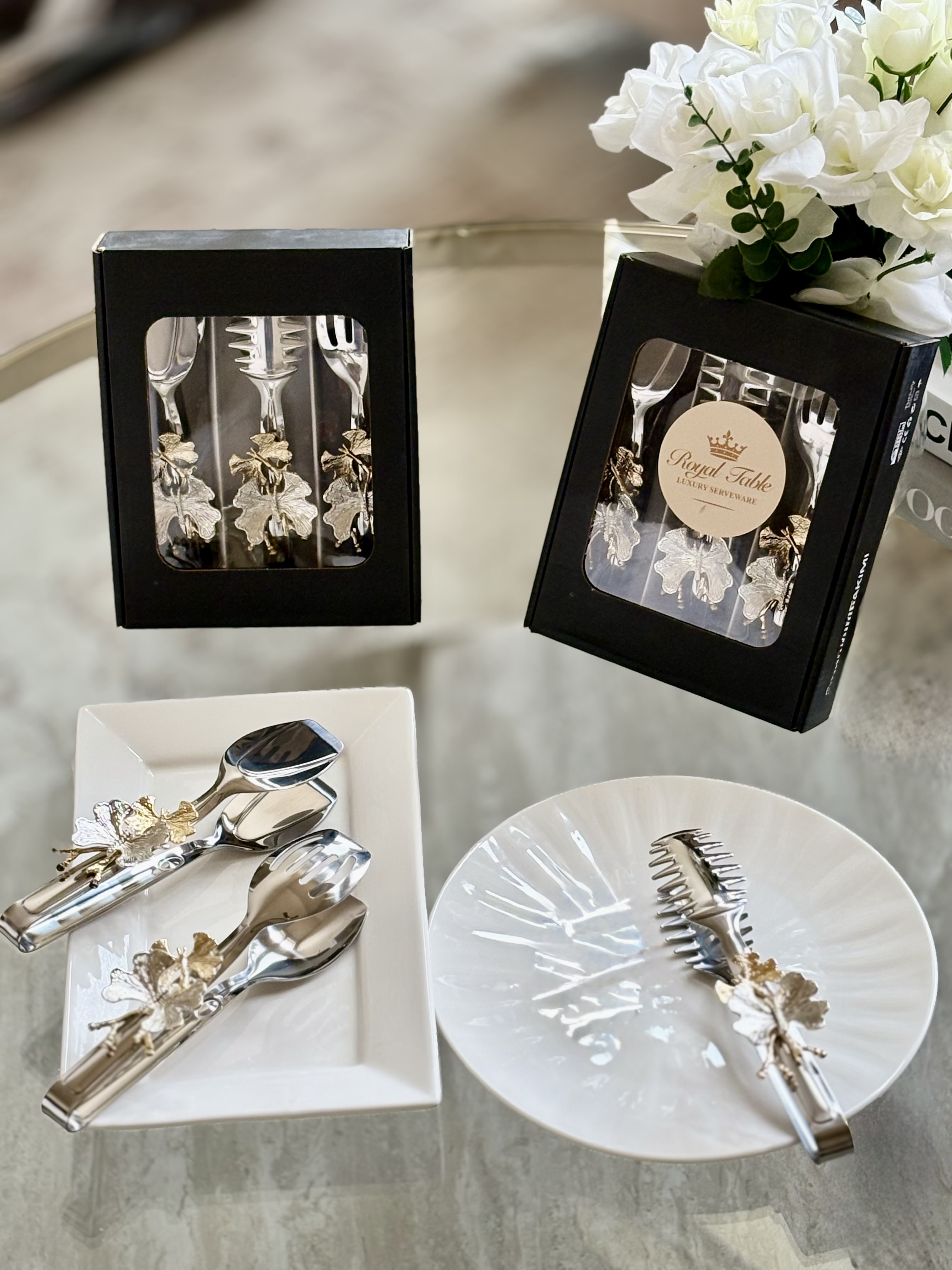  Luxury Silver Butterfly Handle Serving Tongs Set of 3 