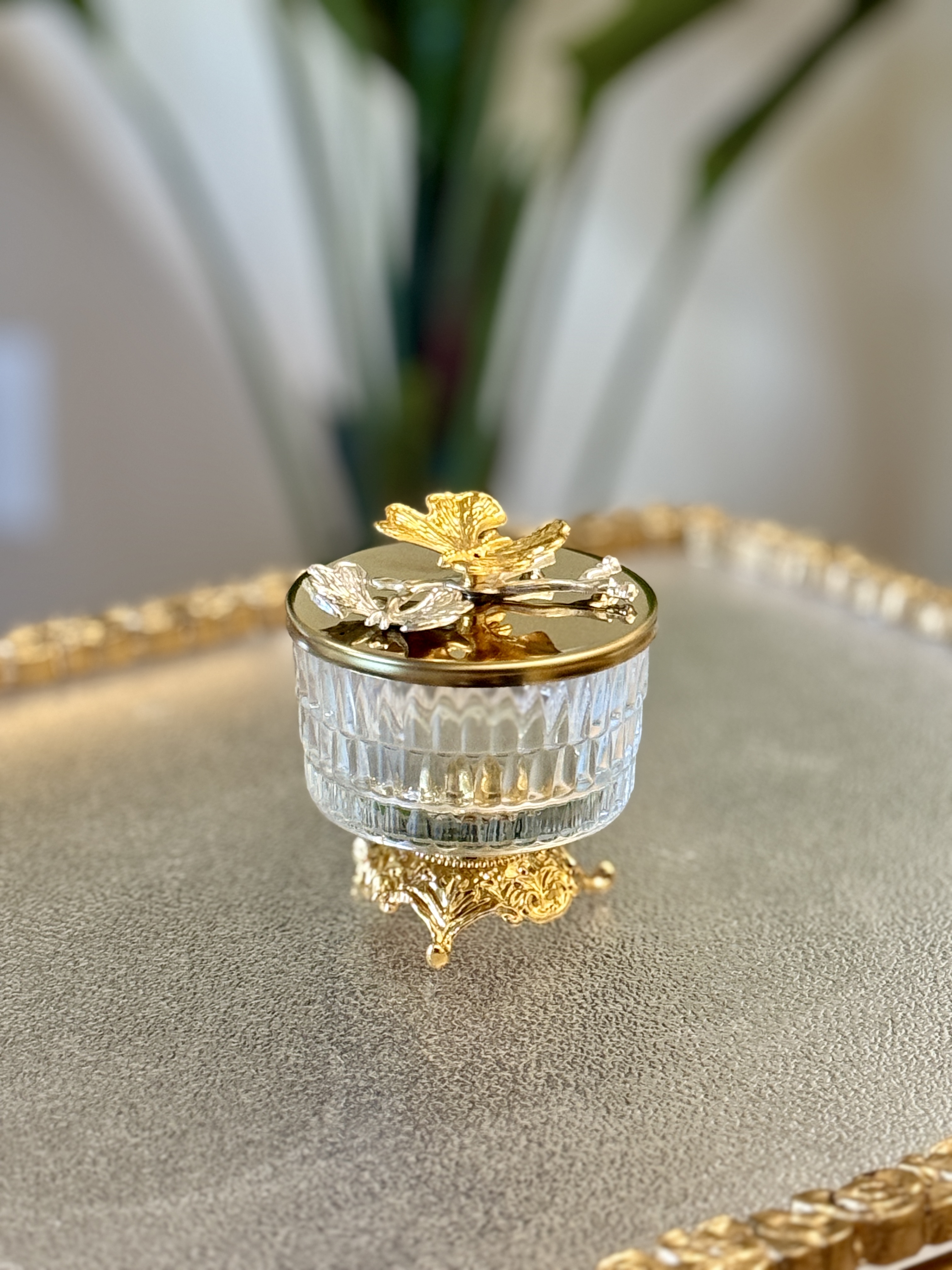 Luxury Glass Storage Jars – Set of 3 with Gold Butterfly Lids