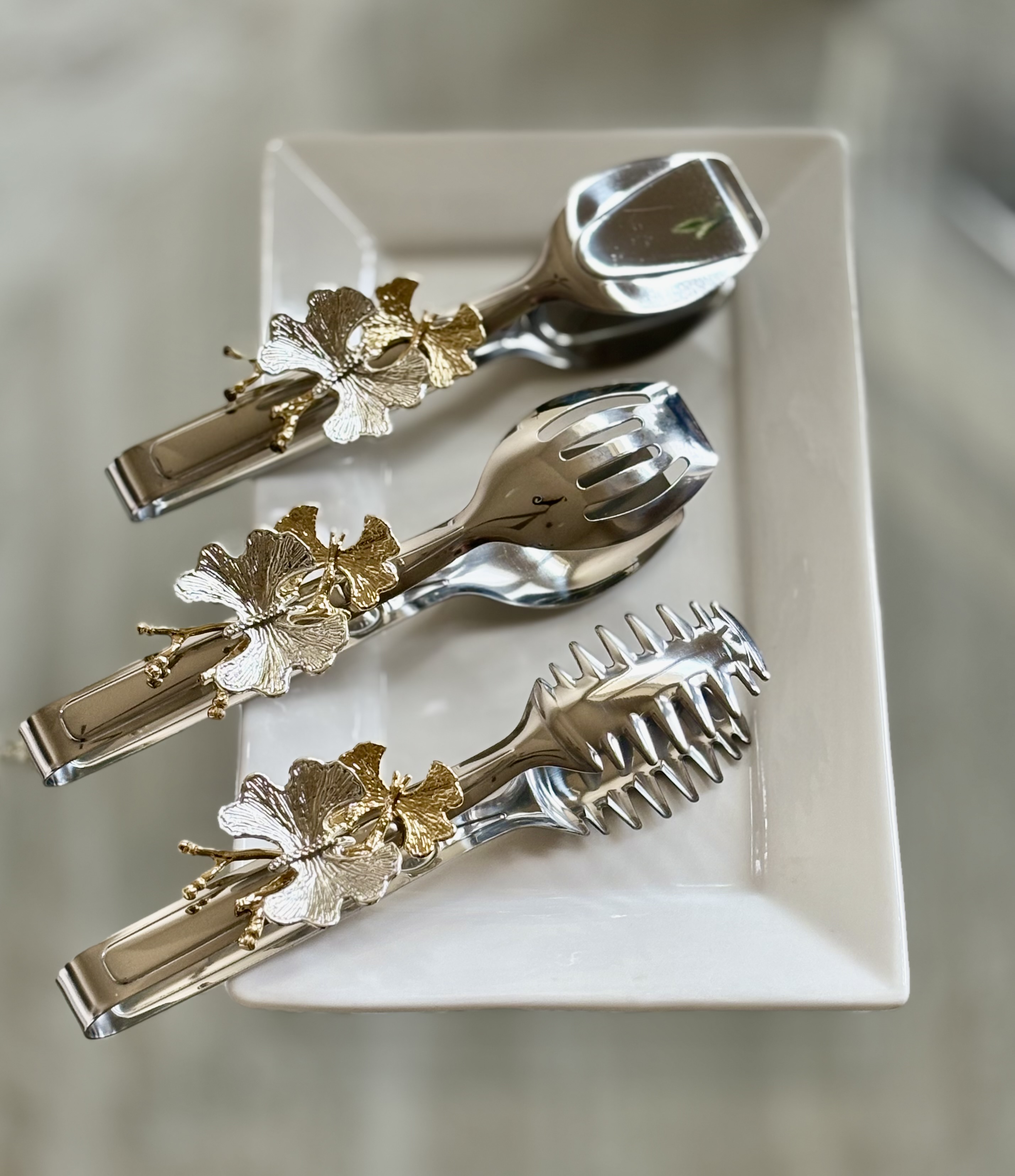  Luxury Silver Butterfly Handle Serving Tongs Set of 3 