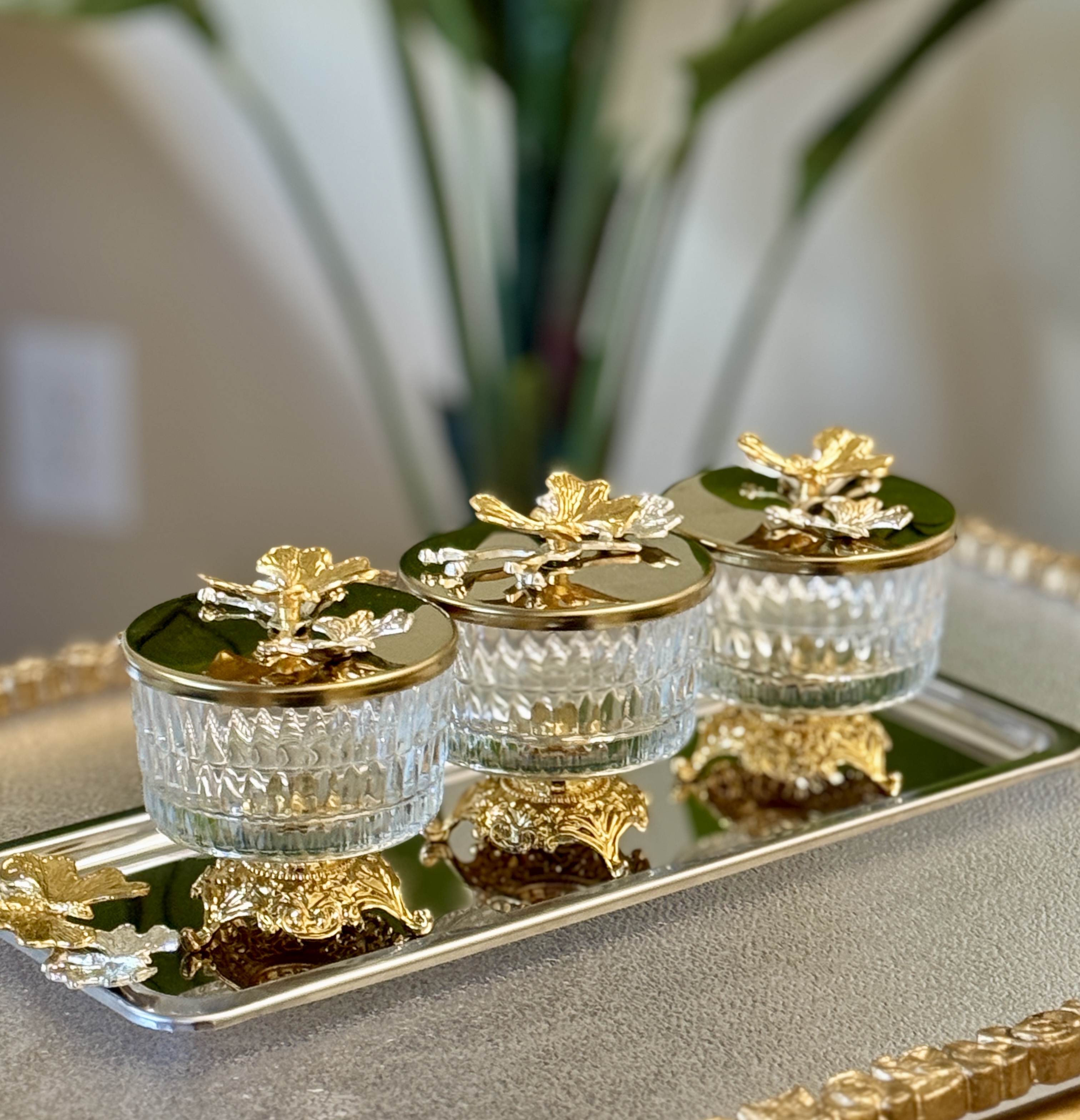 Luxury Glass Storage Jars – Set of 3 with Gold Butterfly Lids