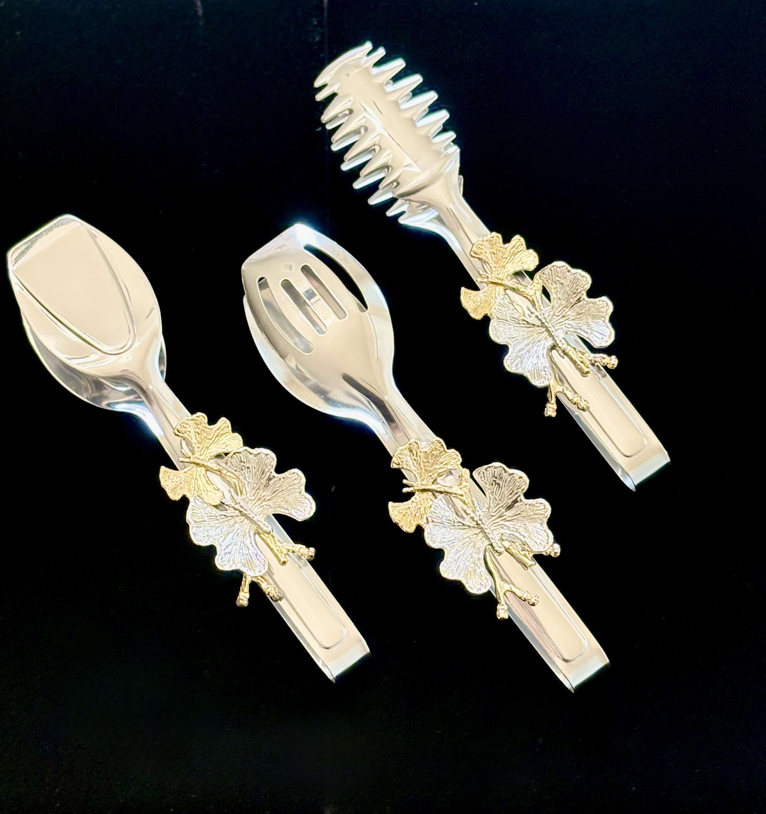  Luxury Silver Butterfly Handle Serving Tongs Set of 3 