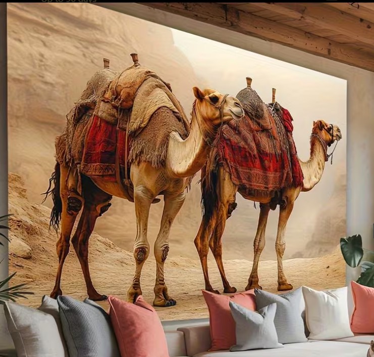 لوحة جدارية فنية بتصميم قافلة الجمال العربية الأصيلة
