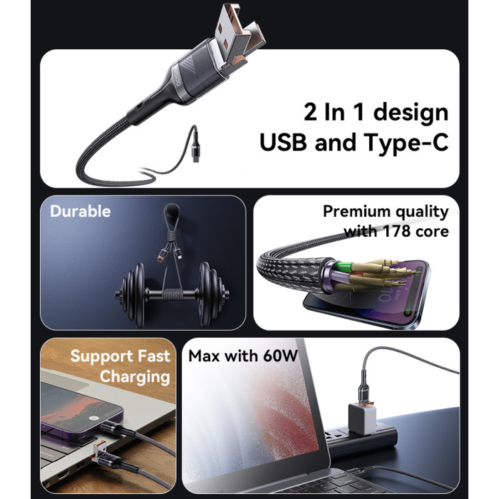 2 in 1 60W Fast Charging High-density Braided Body USB/Type-C To Type-C Data Cable 