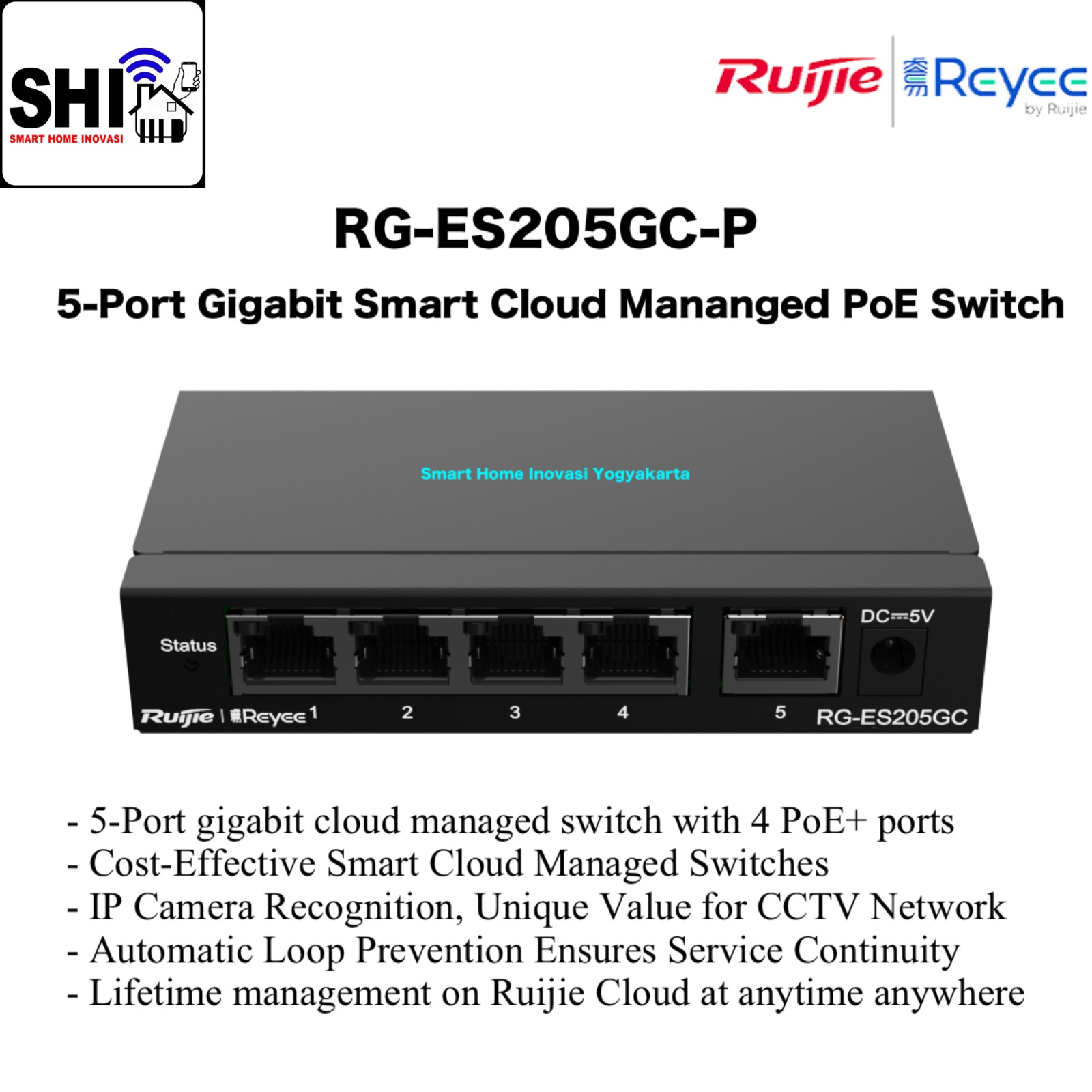RUIJIE REYEE RG-ES205GC-P, 4 Port 10/100/1000 Mbps PoE+ with 1 Port Gigabit Cloud Managed Switch, 54W