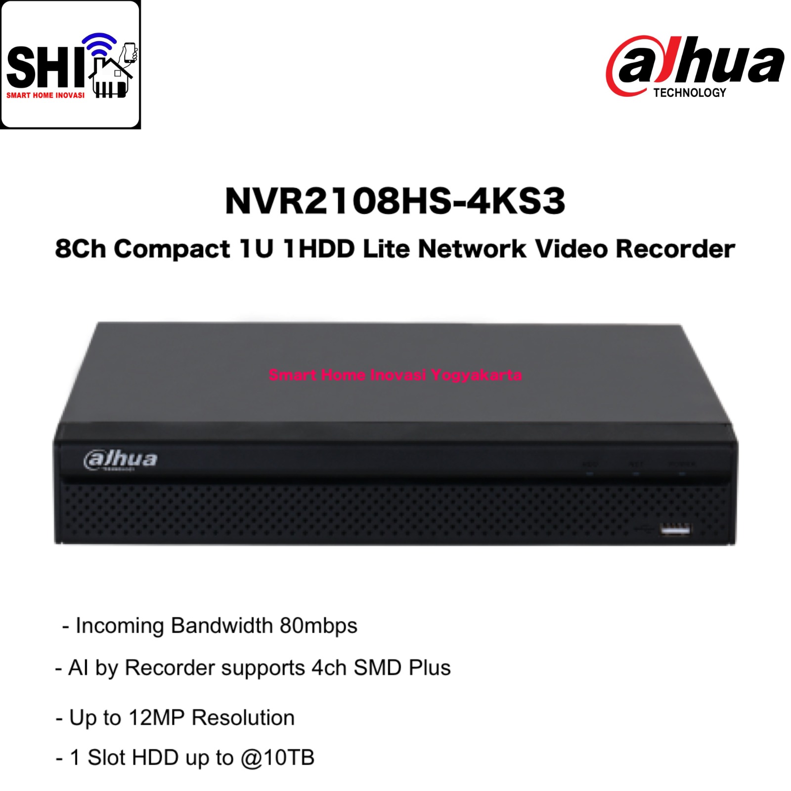 DAHUA NVR 8 Channel DHI-NVR2108HS-4KS3, 8CH Compact 1U 1HDD Lite Network Video Recorder