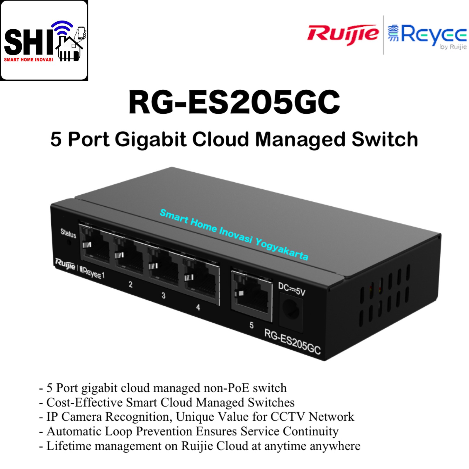 RUIJIE REYEE RG-ES205GC, 5 Port Gigabit Smart Cloud Managed Non-PoE Switch