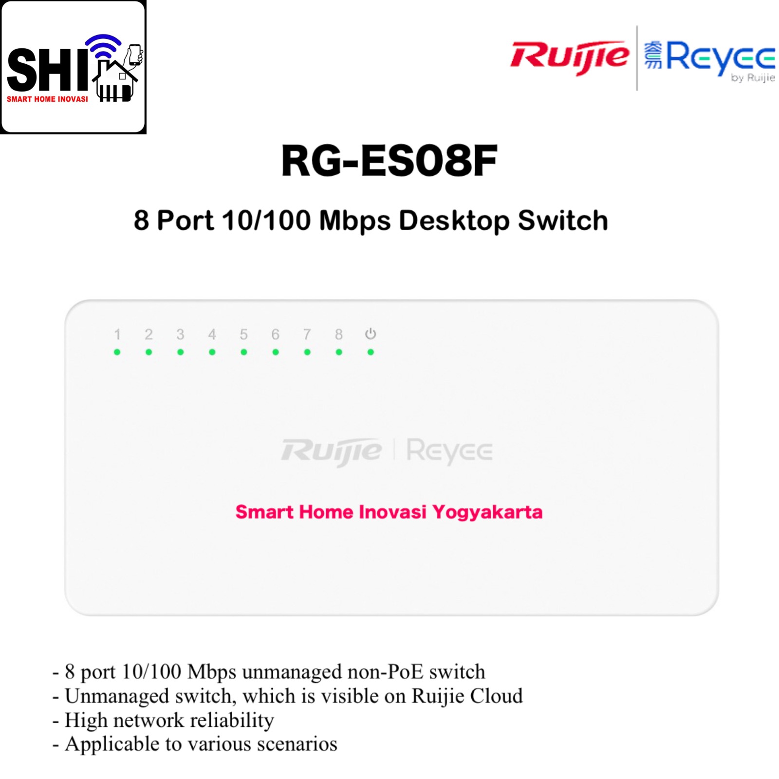 RUIJIE REYEE RG-ES08F, 8 Port 10/100 Mbps Unmanaged Non-PoE Switch