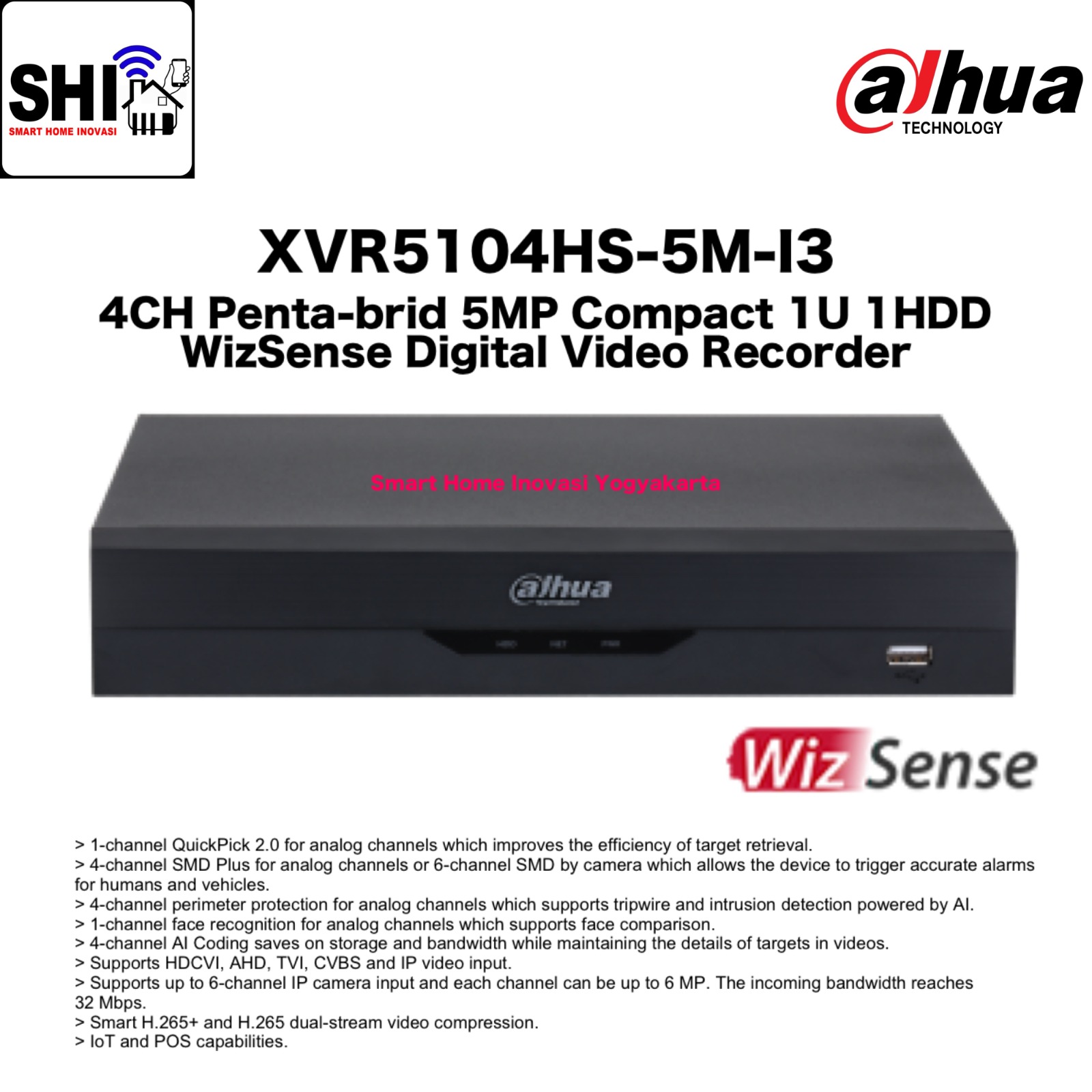 DAHUA DVR 4 Channel DH-XVR5104HS-5M-I3, 4CH Penta-brid 5MP Compact 1U 1HDD WizSense Digital Video Recorder