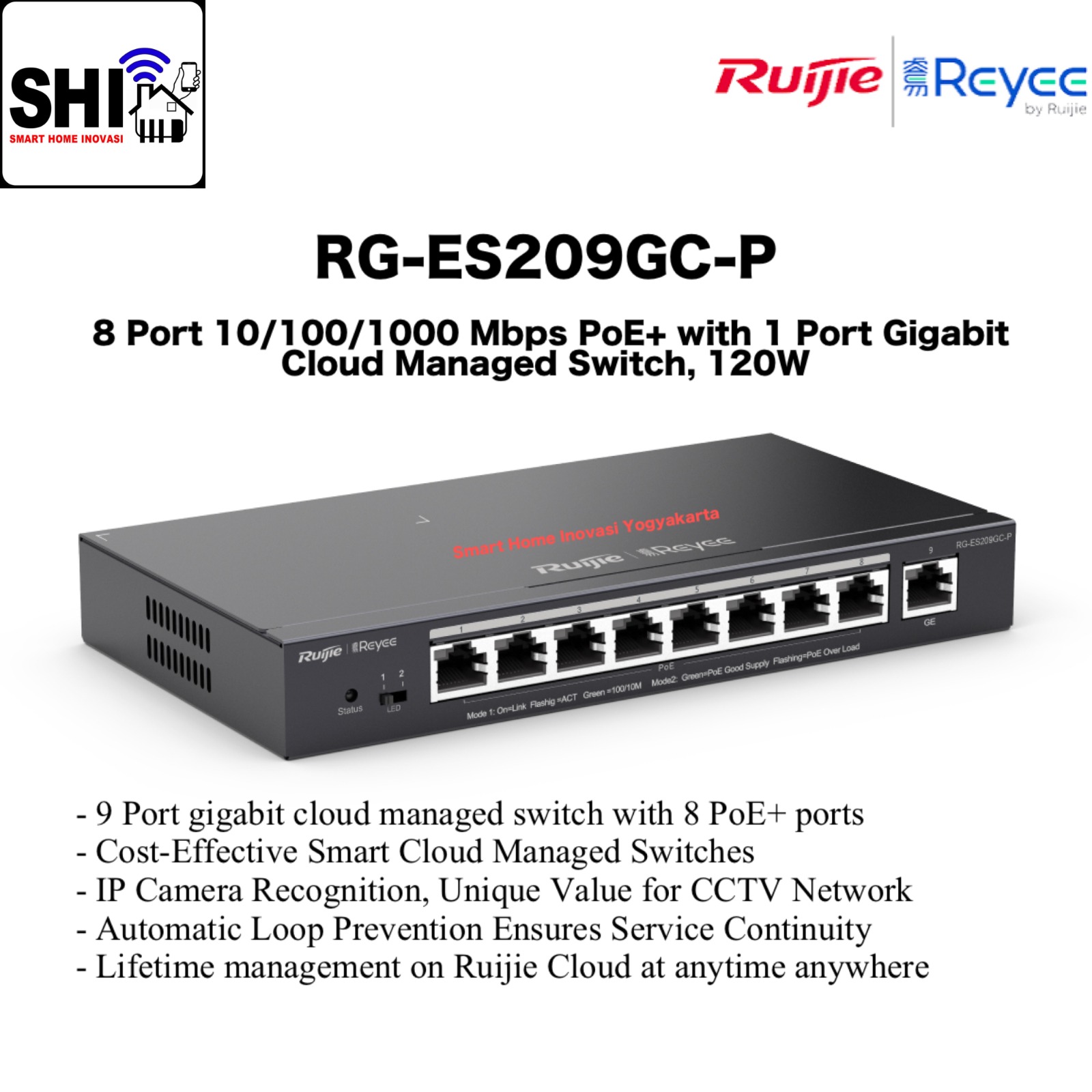RUIJIE REYEE RG-ES209GC-P, 8 Port 10/100/1000 Mbps PoE+ with 1 Port Gigabit Cloud Managed Switch, 120W