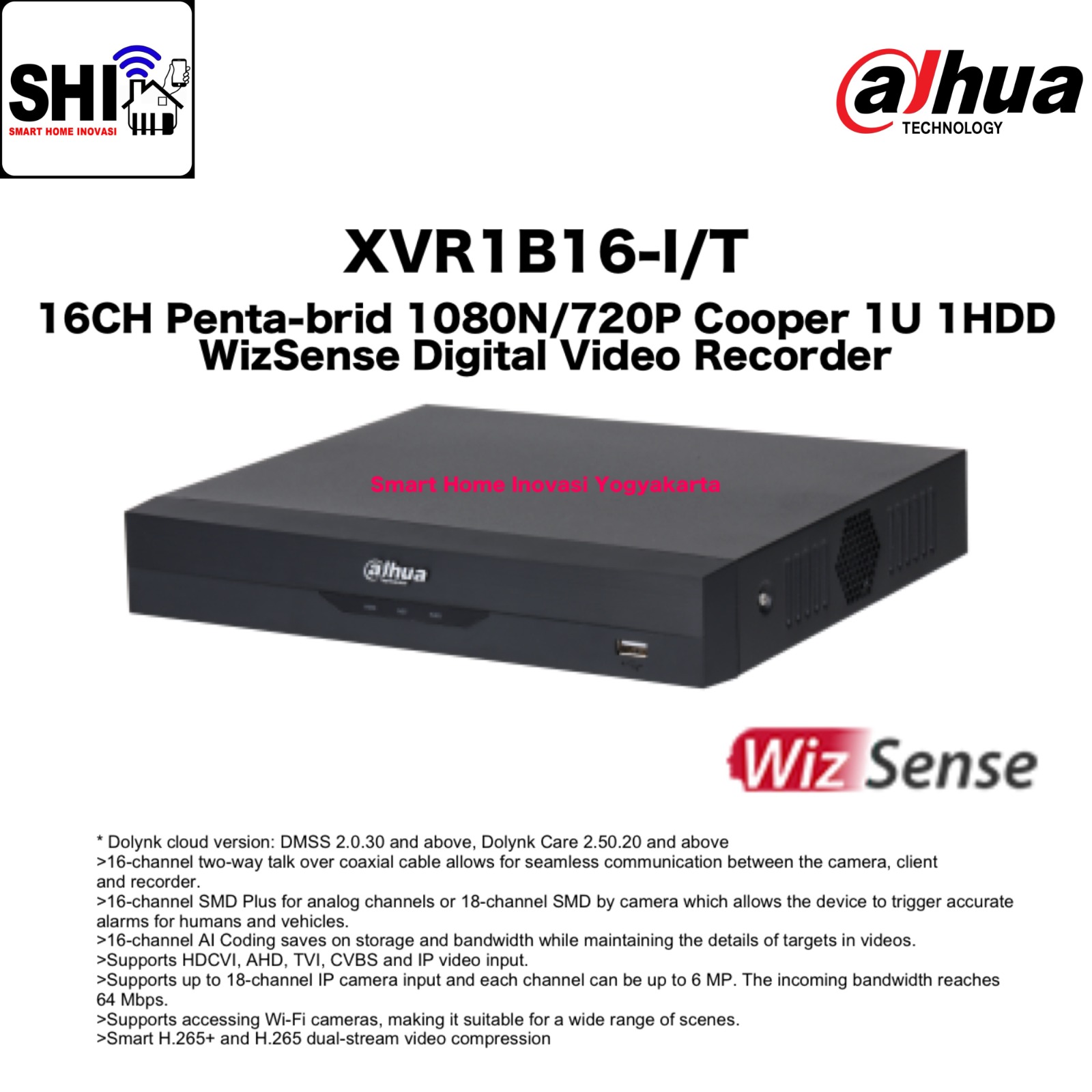 DAHUA DVR 16 Channel DH-XVR1B16-I/T, 16CH Penta-brid 1080N/720P Cooper 1U 1HDD WizSense Digital Video Recorder