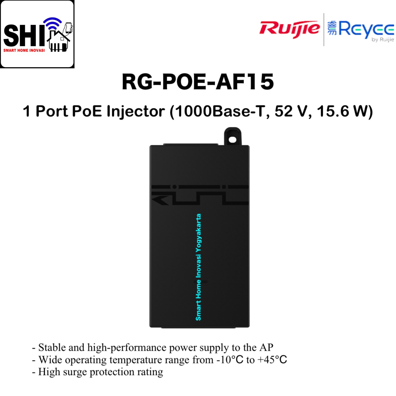 RUIJIE REYEE RG-POE-AF15, 1 Port PoE Injector (1000Base-T, 52V, 15.6W)