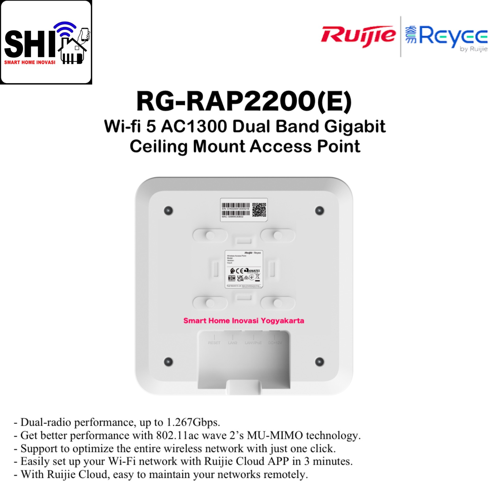 RUIJIE REYEE RG-RAP2200(E), Wi-fi 5 AC1300 Dual Band Gigabit Ceiling Mount Access Point