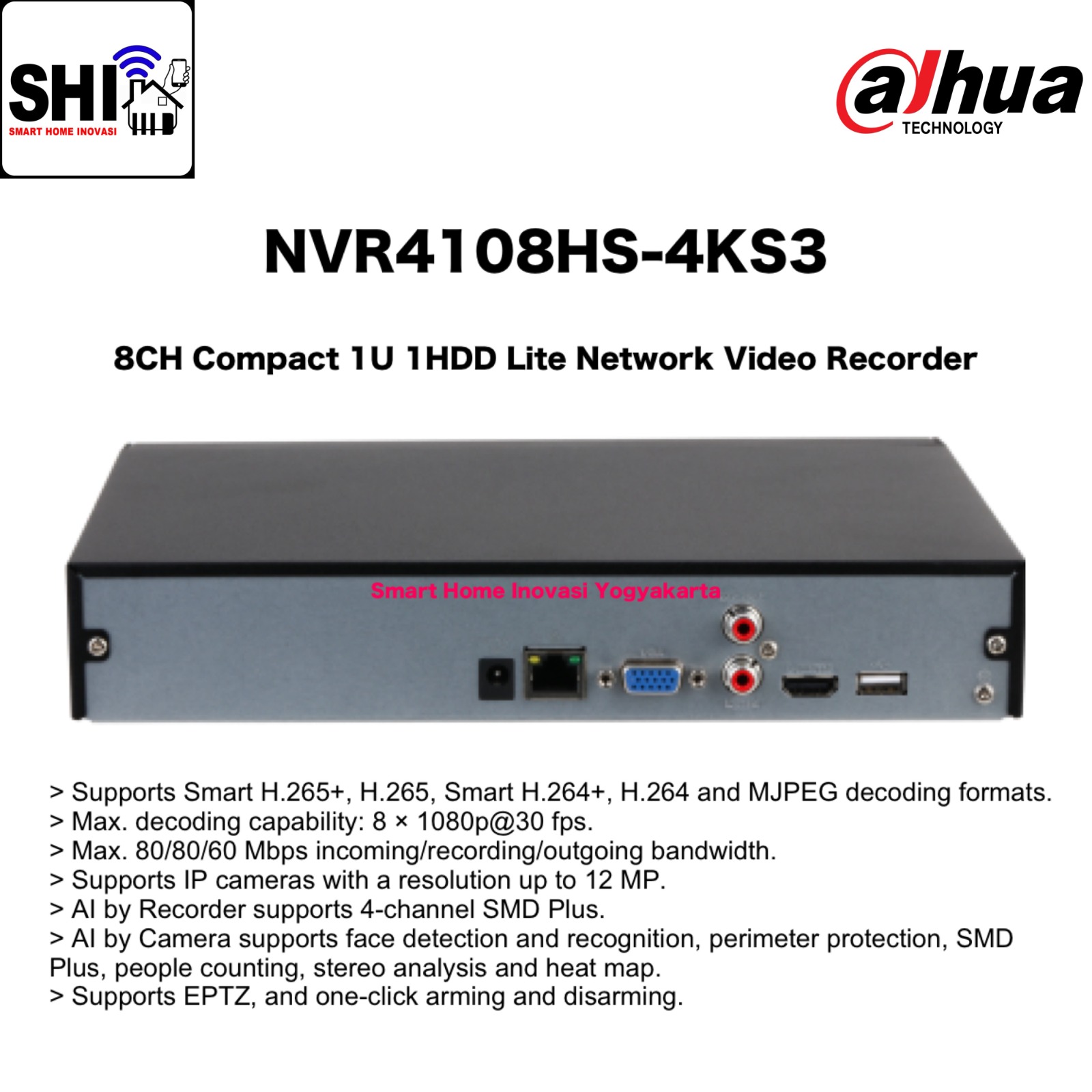 DAHUA NVR 8 Channel DHI-NVR4108HS-4KS3, 8CH Compact 1U 1HDD Lite Network Video Recorder
