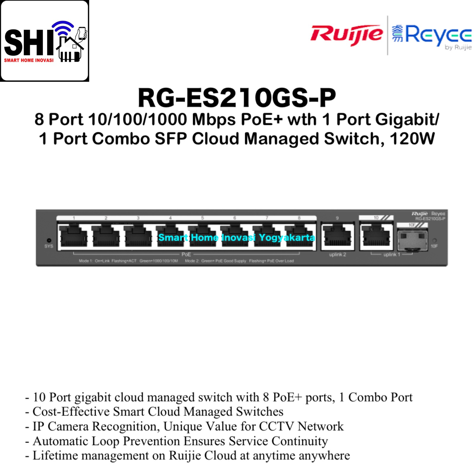 RUIJIE REYEE RG-ES210GS-P, 8 Port 10/100/1000 Mbps PoE+ with 1 Port Gigabit/1 Port Combo SFP Cloud Managed Switch, 120W