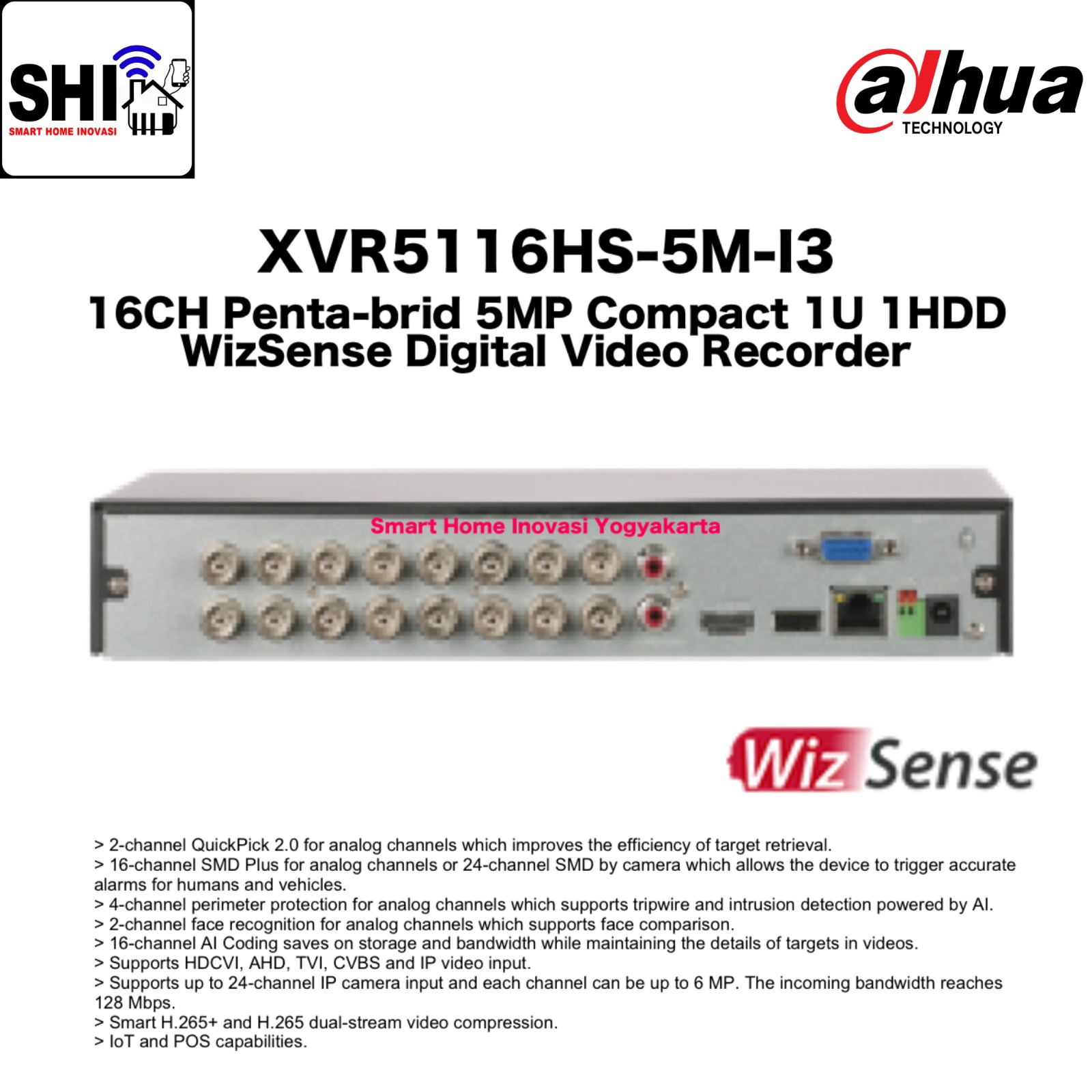 DAHUA DVR 16 Channel DH-XVR5116HS-5M-I3, 16CH Penta-brid 5MP Compact 1U 1HDD WizSense Digital Video Recorder