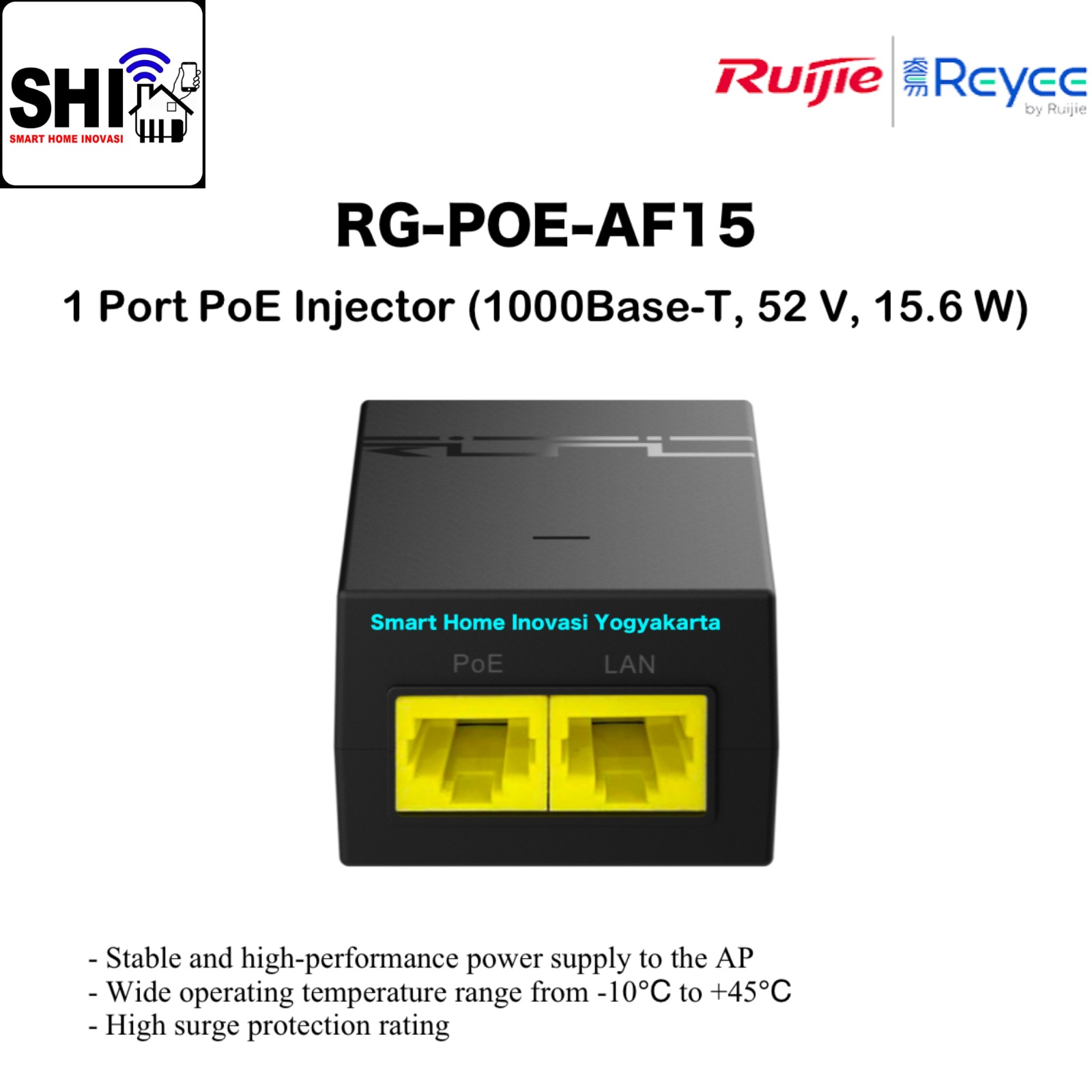 RUIJIE REYEE RG-POE-AF15, 1 Port PoE Injector (1000Base-T, 52V, 15.6W)