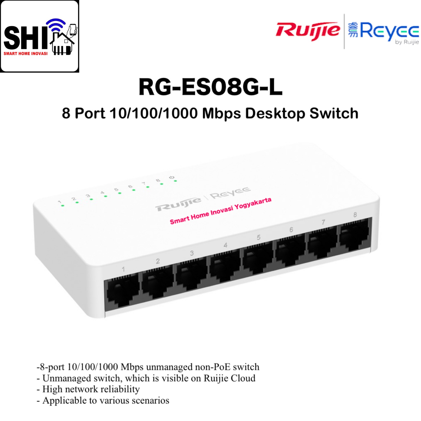RUIJIE REYEE RG-ES08G-L, 8-Port 10/100/1000 Mbps Unmanaged Non-PoE Switch