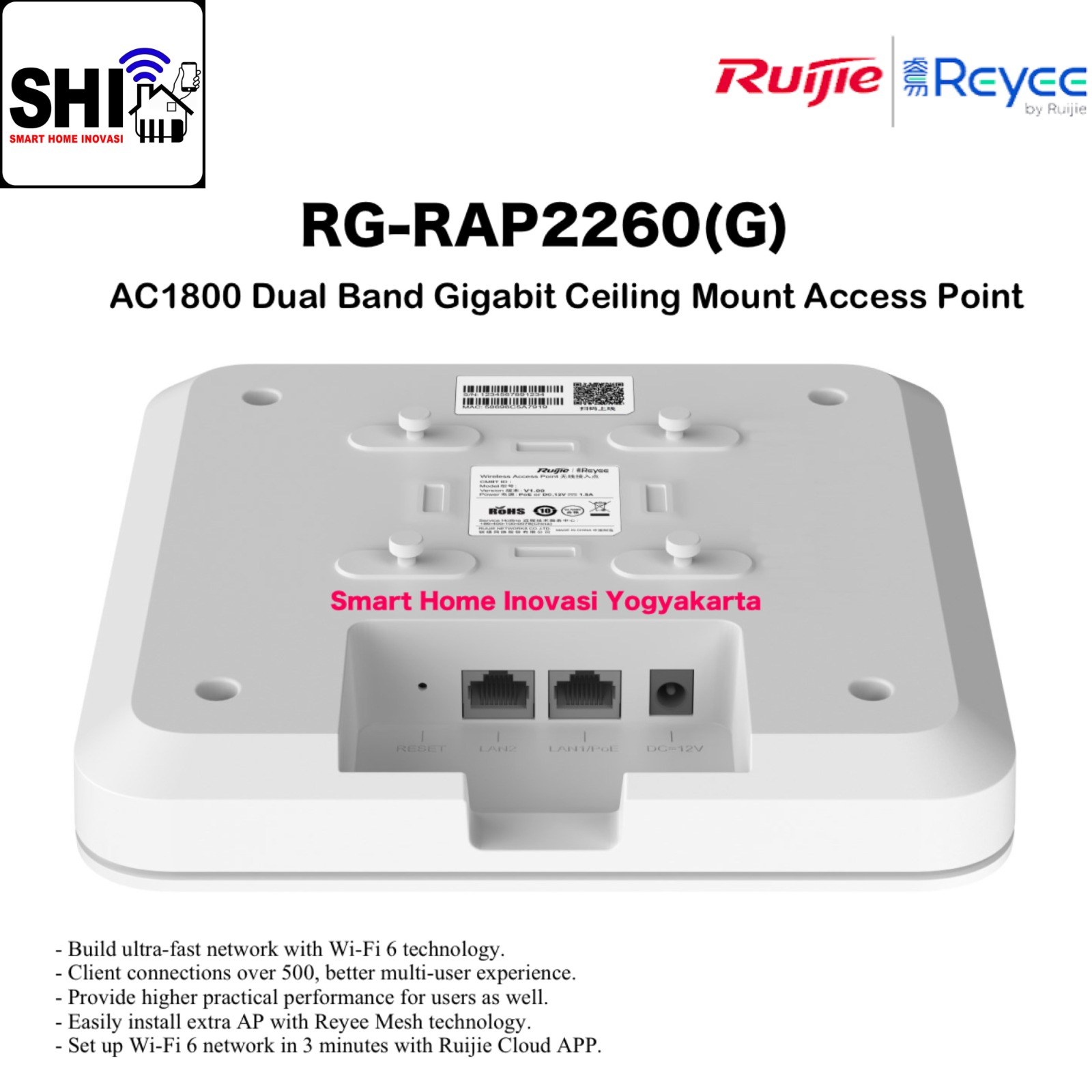 RUIJIE REYEE RG-RAP2260(G), AC1800 Dual Band Gigabit Ceiling Mount Access Point