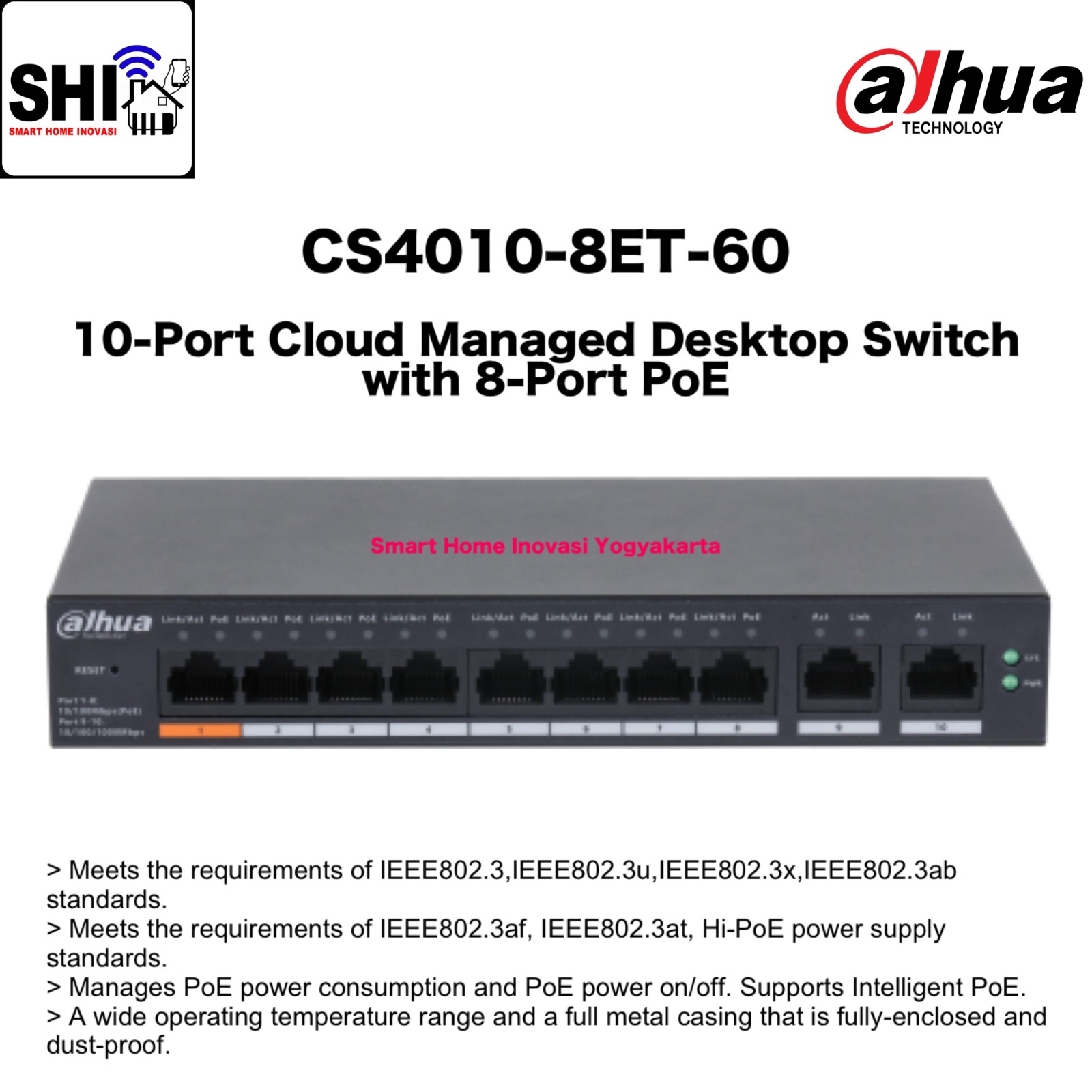 DAHUA Desktop Switch CS4010-8ET-60, 10-Port Cloud Managed Desktop Switch with 8-Port PoE