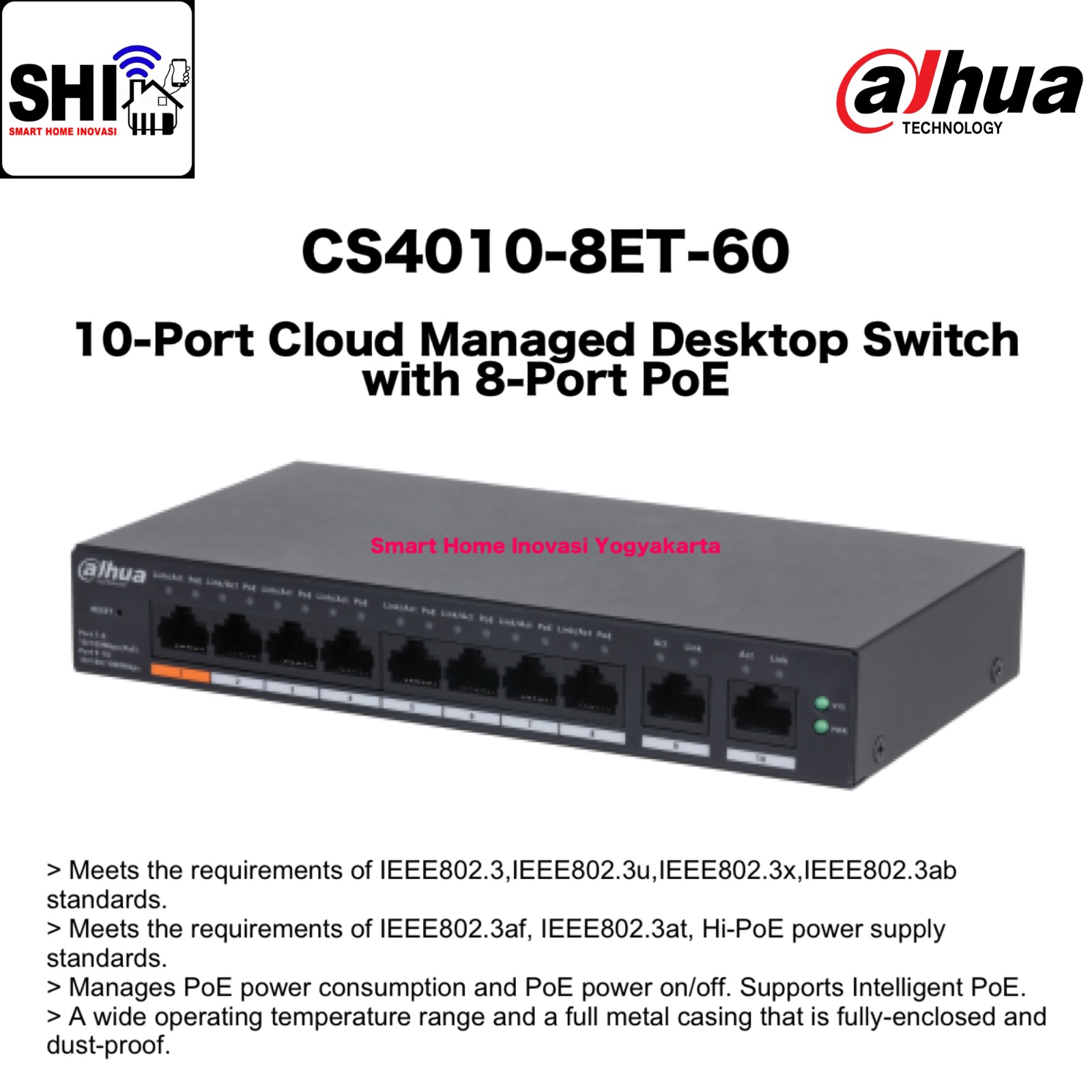 DAHUA Desktop Switch CS4010-8ET-60, 10-Port Cloud Managed Desktop Switch with 8-Port PoE