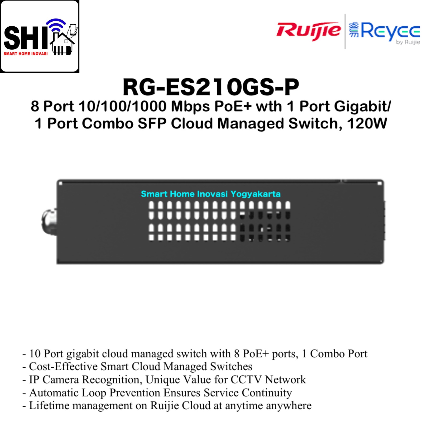 RUIJIE REYEE RG-ES210GS-P, 8 Port 10/100/1000 Mbps PoE+ with 1 Port Gigabit/1 Port Combo SFP Cloud Managed Switch, 120W