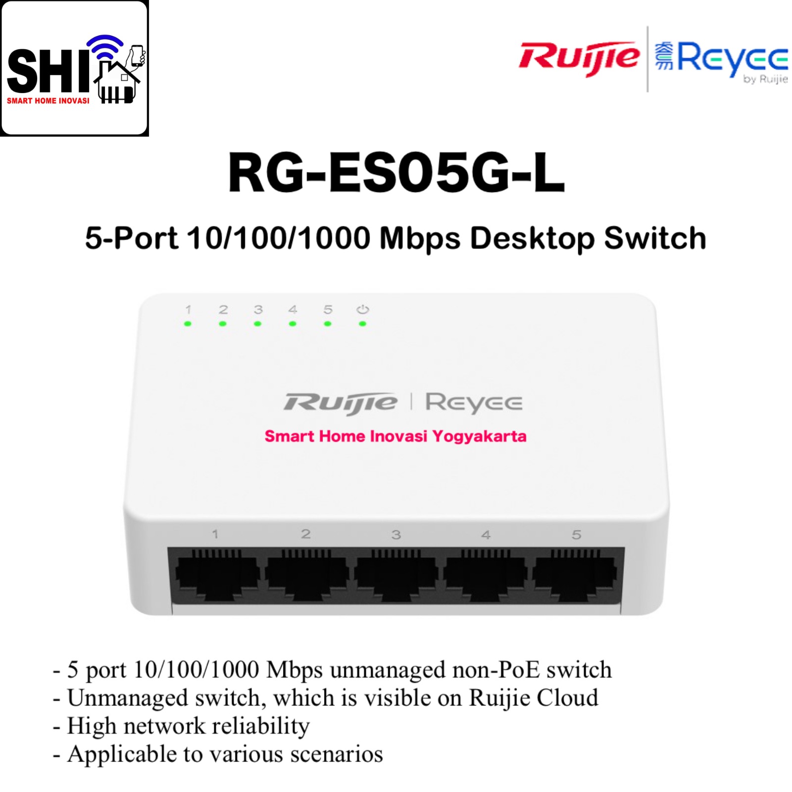 RUIJIE REYEE RG-ES05G-L, 5 Port 10/100/1000 Mbps Unmanaged Non-PoE Switch