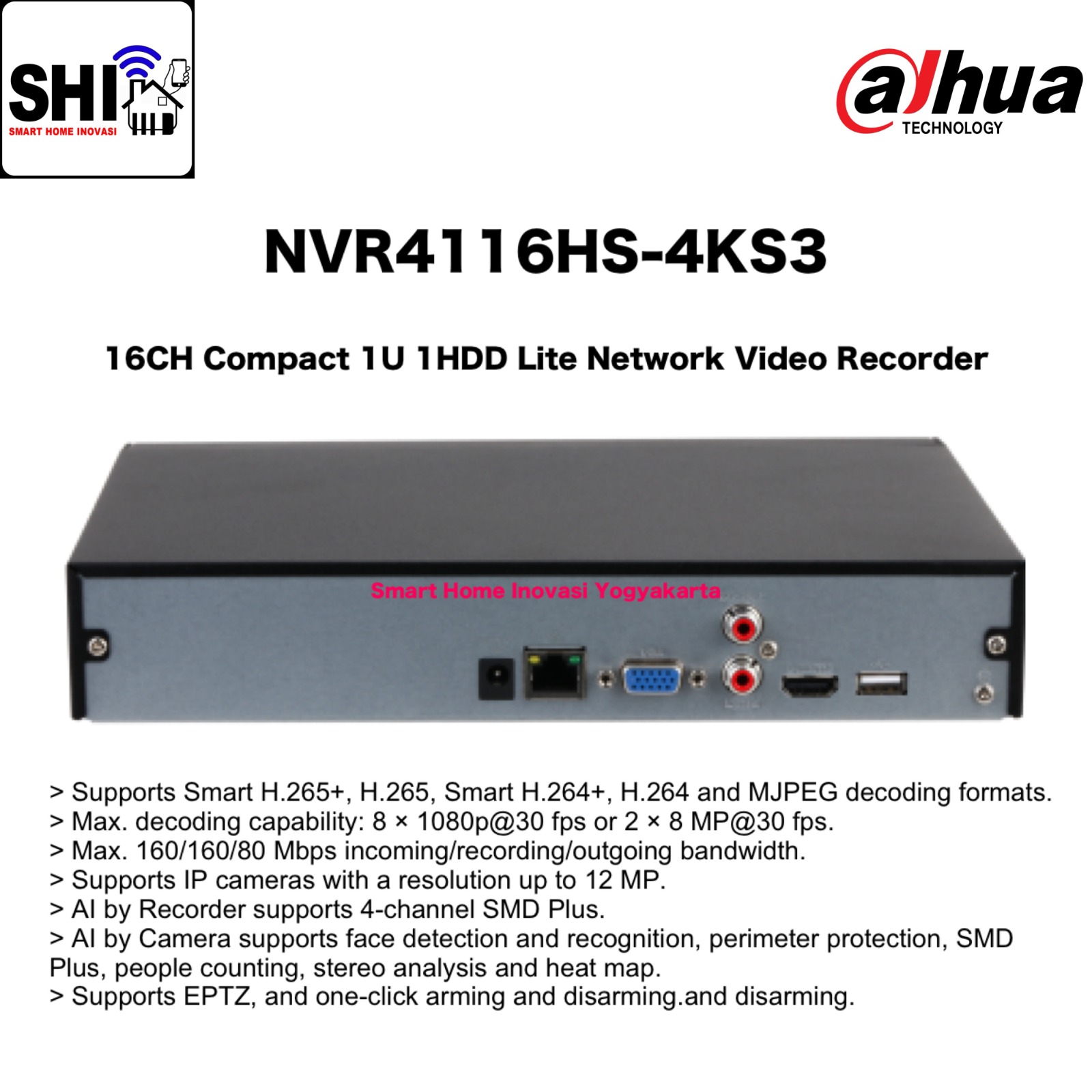 DAHUA NVR 16 Channel DHI-NVR4116HS-4KS3, 16CH Compact 1U 1HDD Lite Network Video Recorder