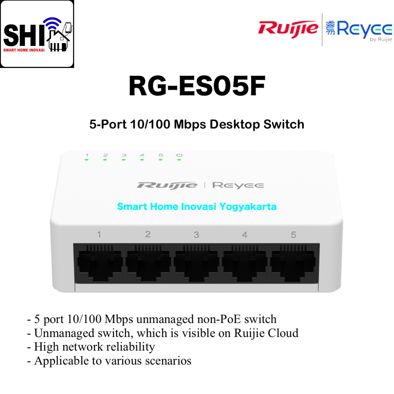 RUIJIE REYEE RG-ES05F, 5-Port 10/100 Mbps Unmanaged Non-PoE Switch