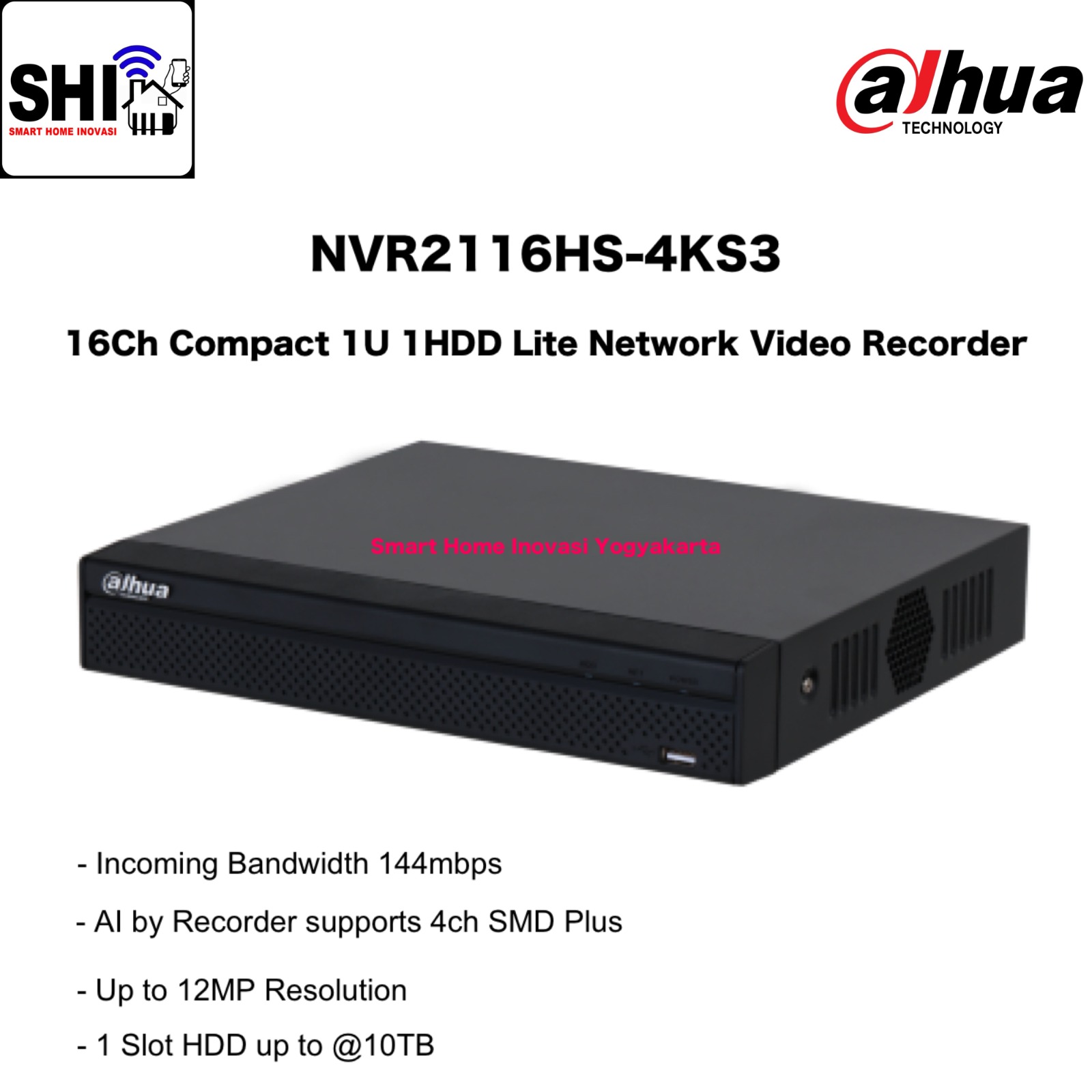 DAHUA NVR 16 Channel DHI-NVR2116HS-4KS3, 16CH Compact 1U 1HDD Lite Network Video Recorder