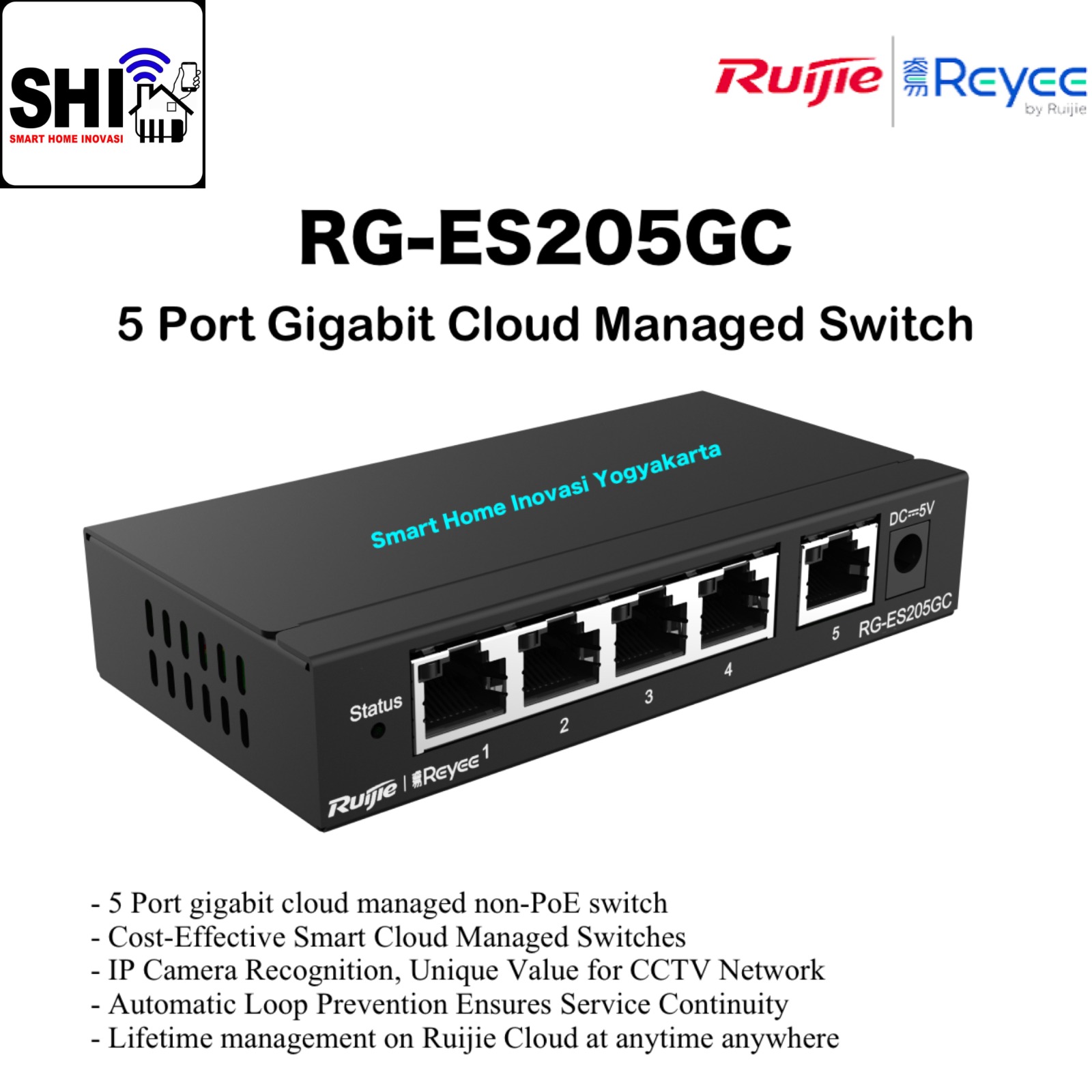 RUIJIE REYEE RG-ES205GC, 5 Port Gigabit Smart Cloud Managed Non-PoE Switch