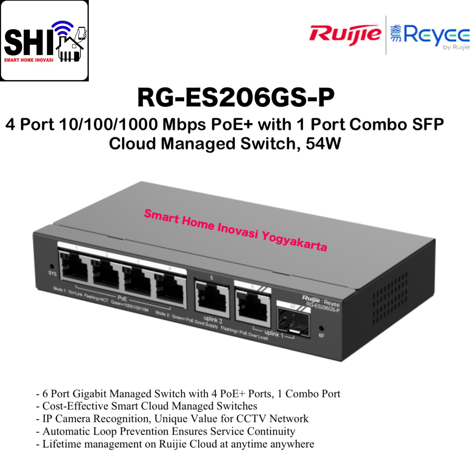 RUIJIE REYEE RG-ES206GS-P, 4 Port 10/100/1000 Mbps PoE+ with 1 Port Gigabit/1 Port Combo SFP Cloud Managed Switch, 54W.