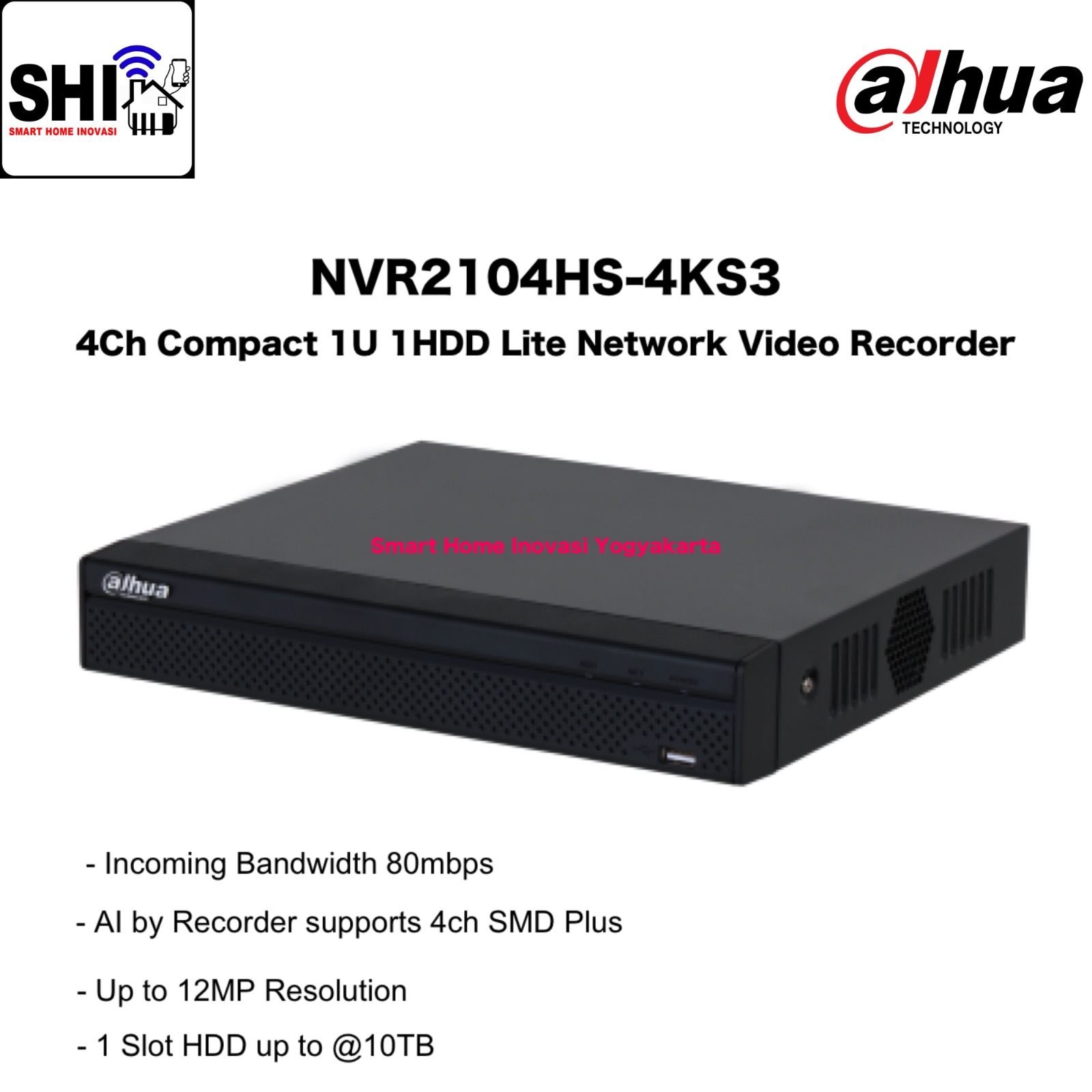 DAHUA NVR 4 Channel DHI-NVR2104HS-4KS3, 4CH Compact 1U 1HDD Lite Network Video Recorder