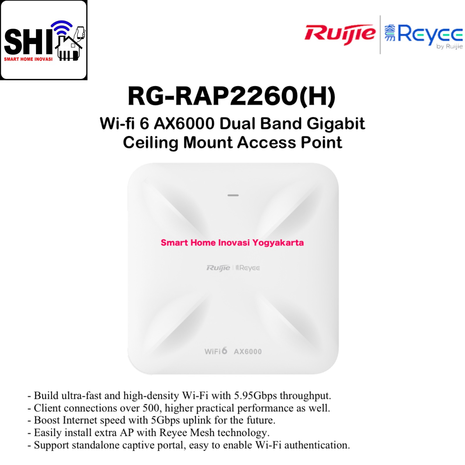 RUIJIE REYEE RG-RAP2260(H), Wi-fi 6 AX6000 Dual Band Gigabit Ceiling Mount Access Point