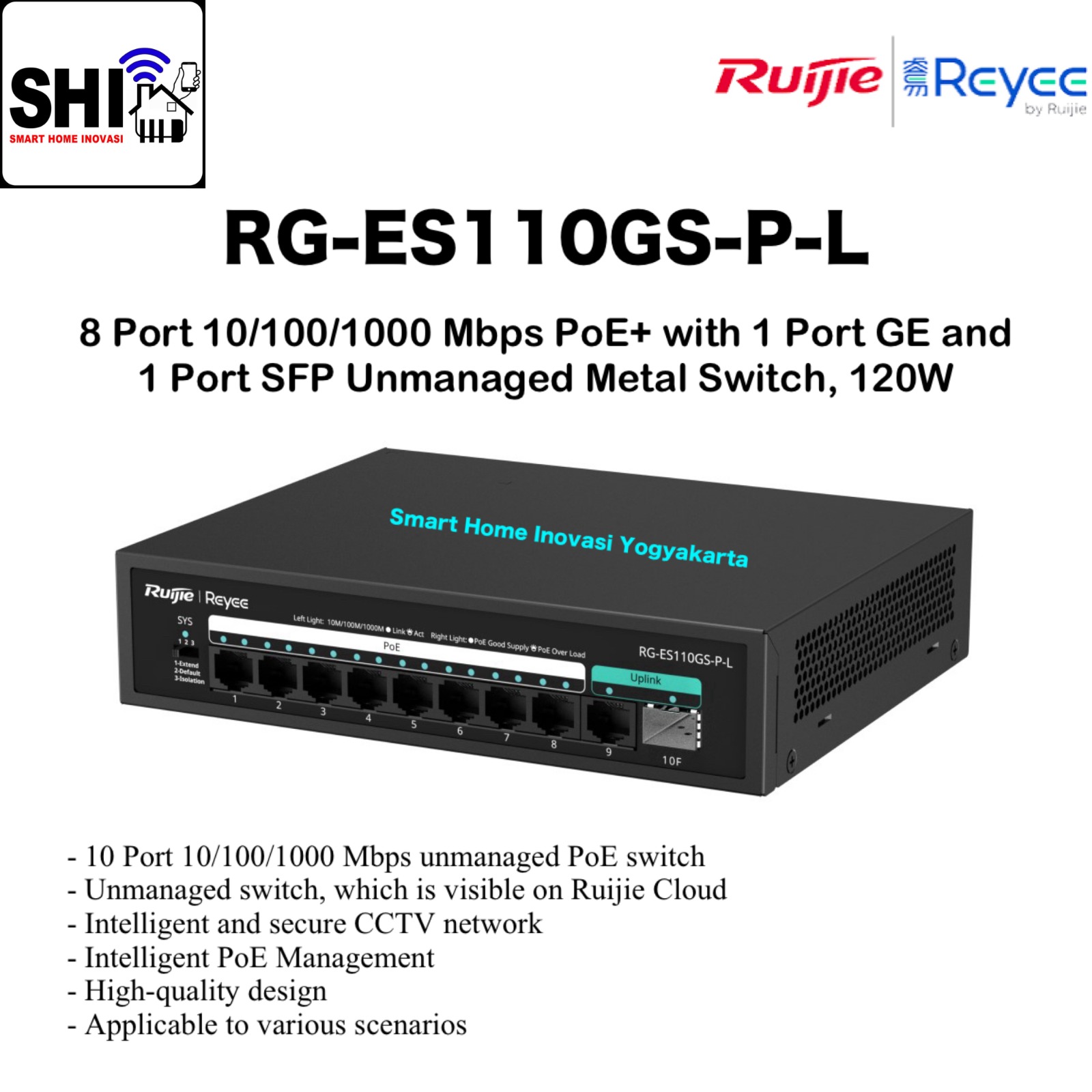 RUIJIE REYEE RG-ES110GS-P-L, 10 Port 10/100/1000 Mbps Unmanaged PoE Switch