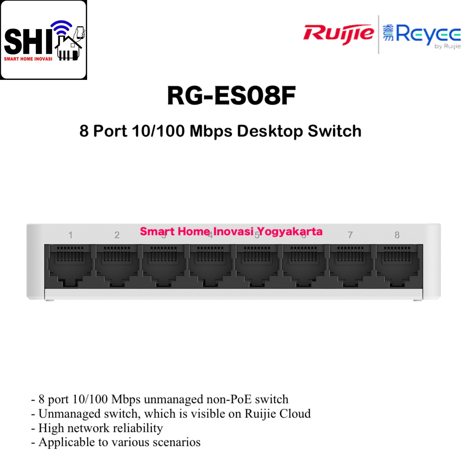 RUIJIE REYEE RG-ES08F, 8 Port 10/100 Mbps Unmanaged Non-PoE Switch