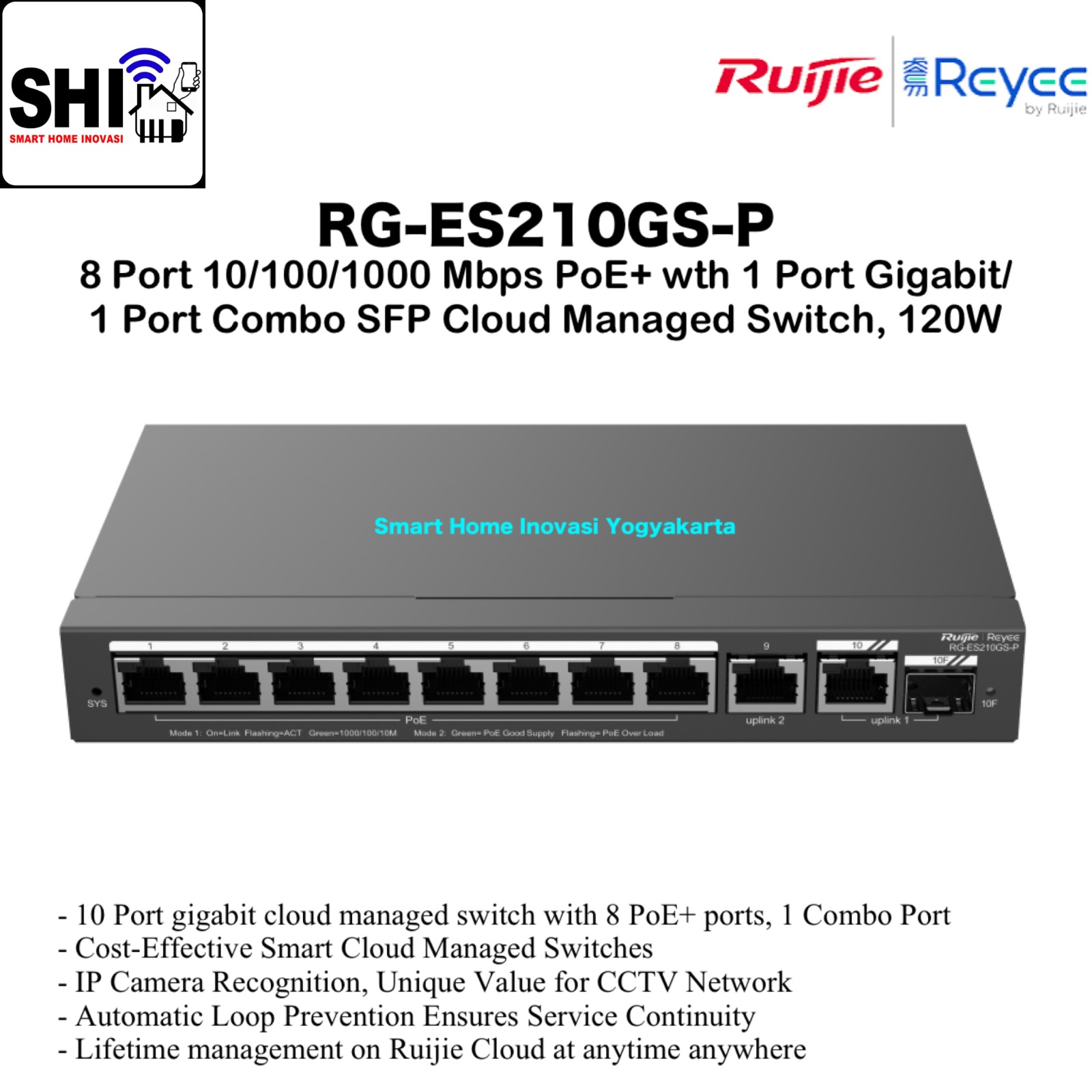 RUIJIE REYEE RG-ES210GS-P, 8 Port 10/100/1000 Mbps PoE+ with 1 Port Gigabit/1 Port Combo SFP Cloud Managed Switch, 120W