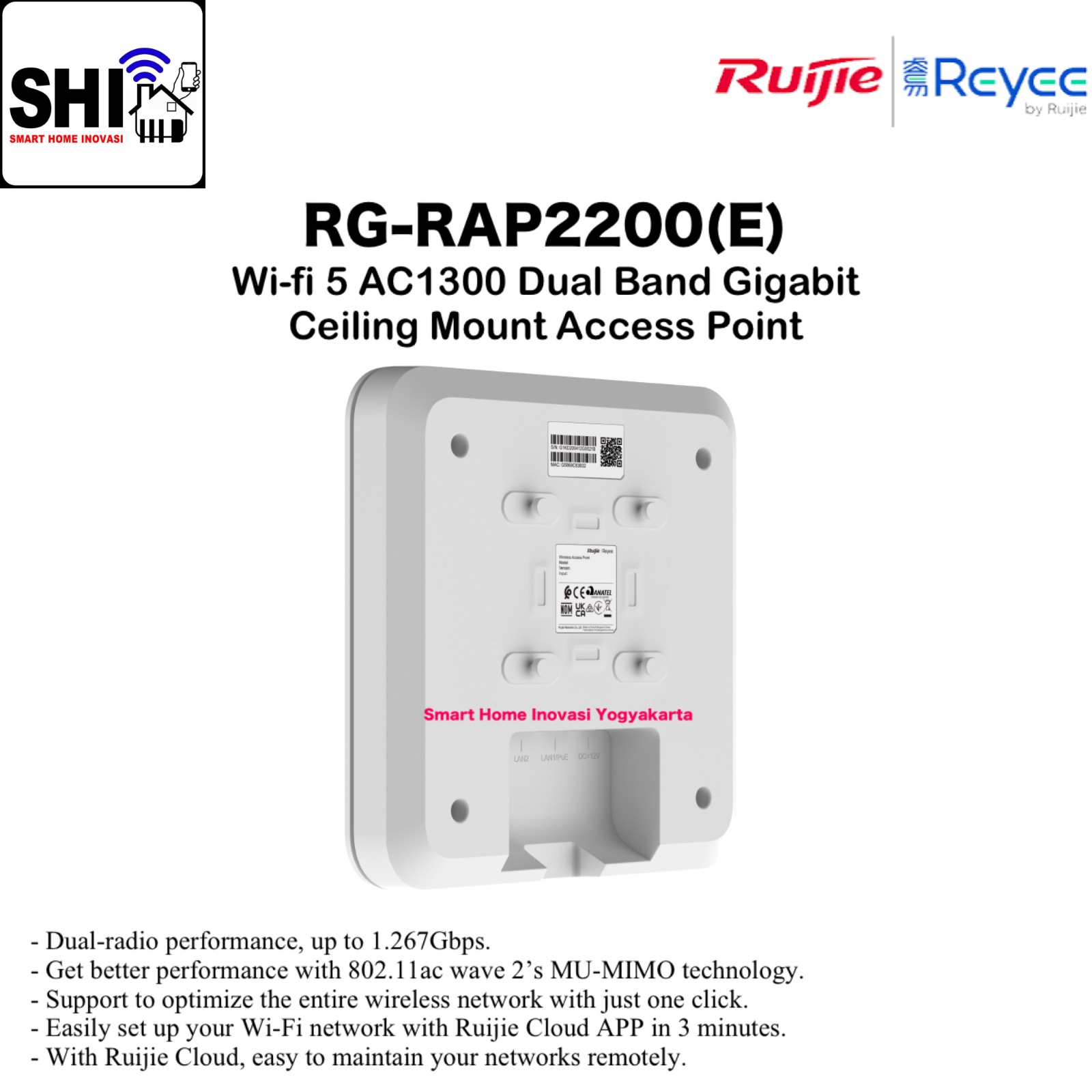RUIJIE REYEE RG-RAP2200(E), Wi-fi 5 AC1300 Dual Band Gigabit Ceiling Mount Access Point