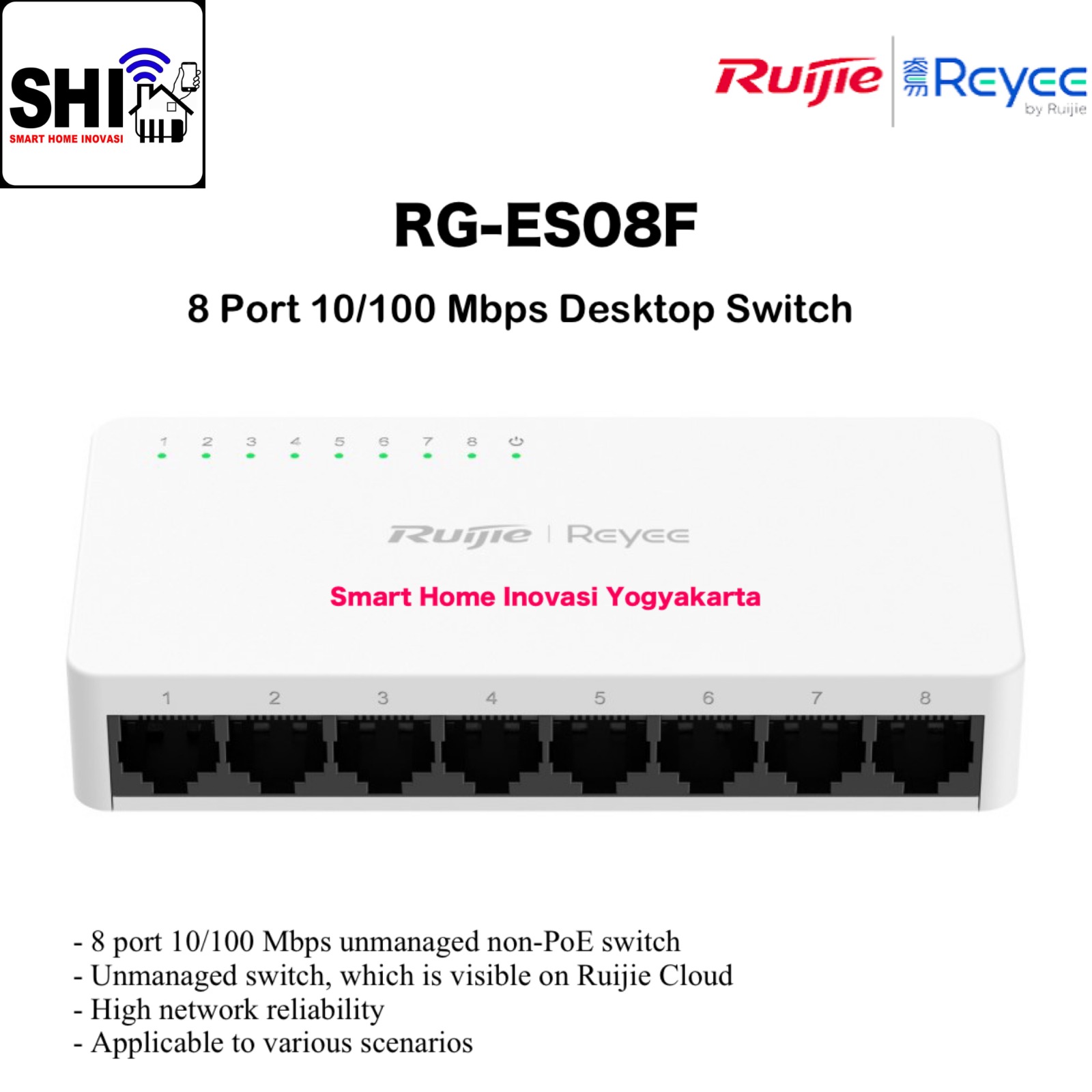RUIJIE REYEE RG-ES08F, 8 Port 10/100 Mbps Unmanaged Non-PoE Switch