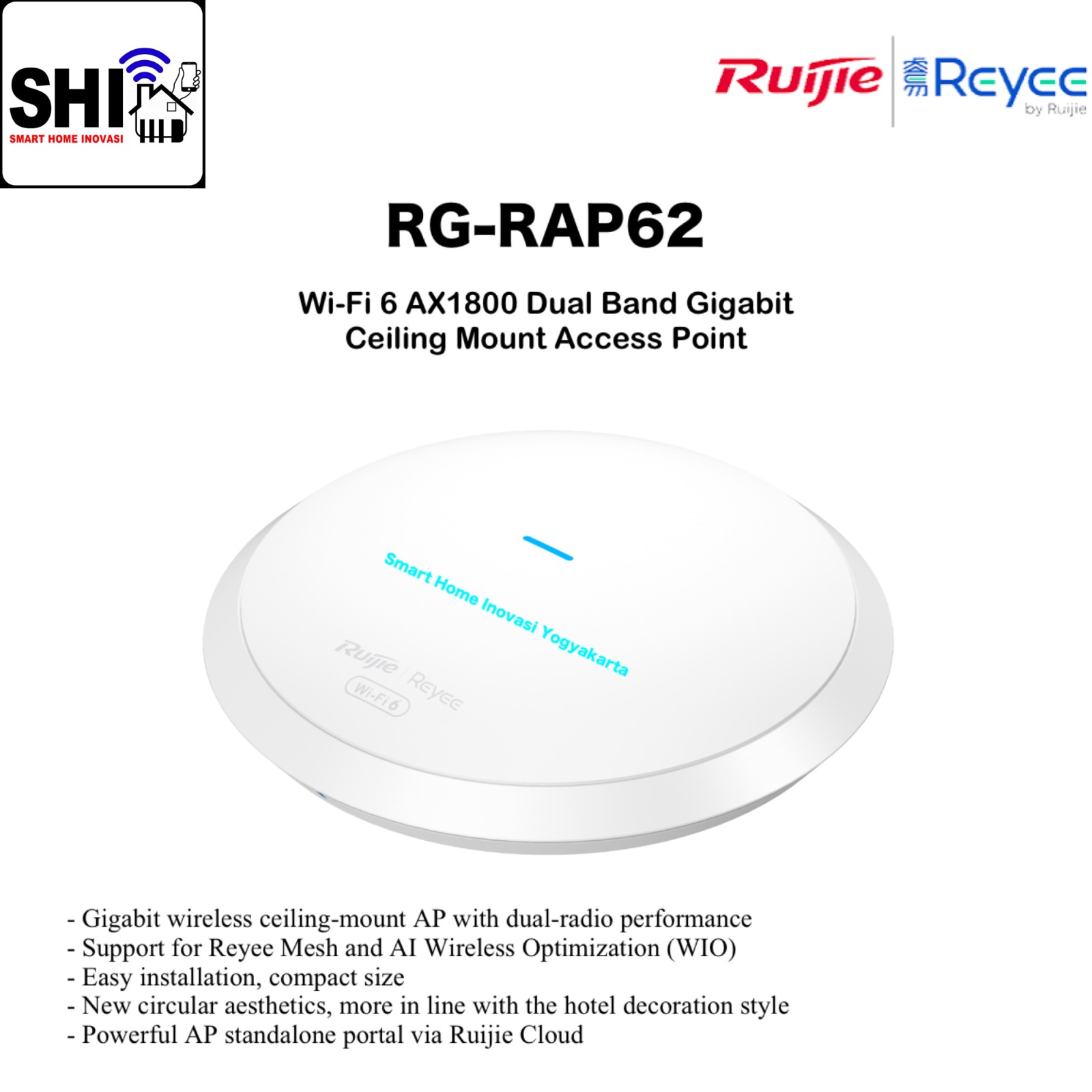 RUIJIE REYEE RG-RAP62, Wi-fi 6 AX1800 Dual Band Gigabit Ceiling Mount Access Point
